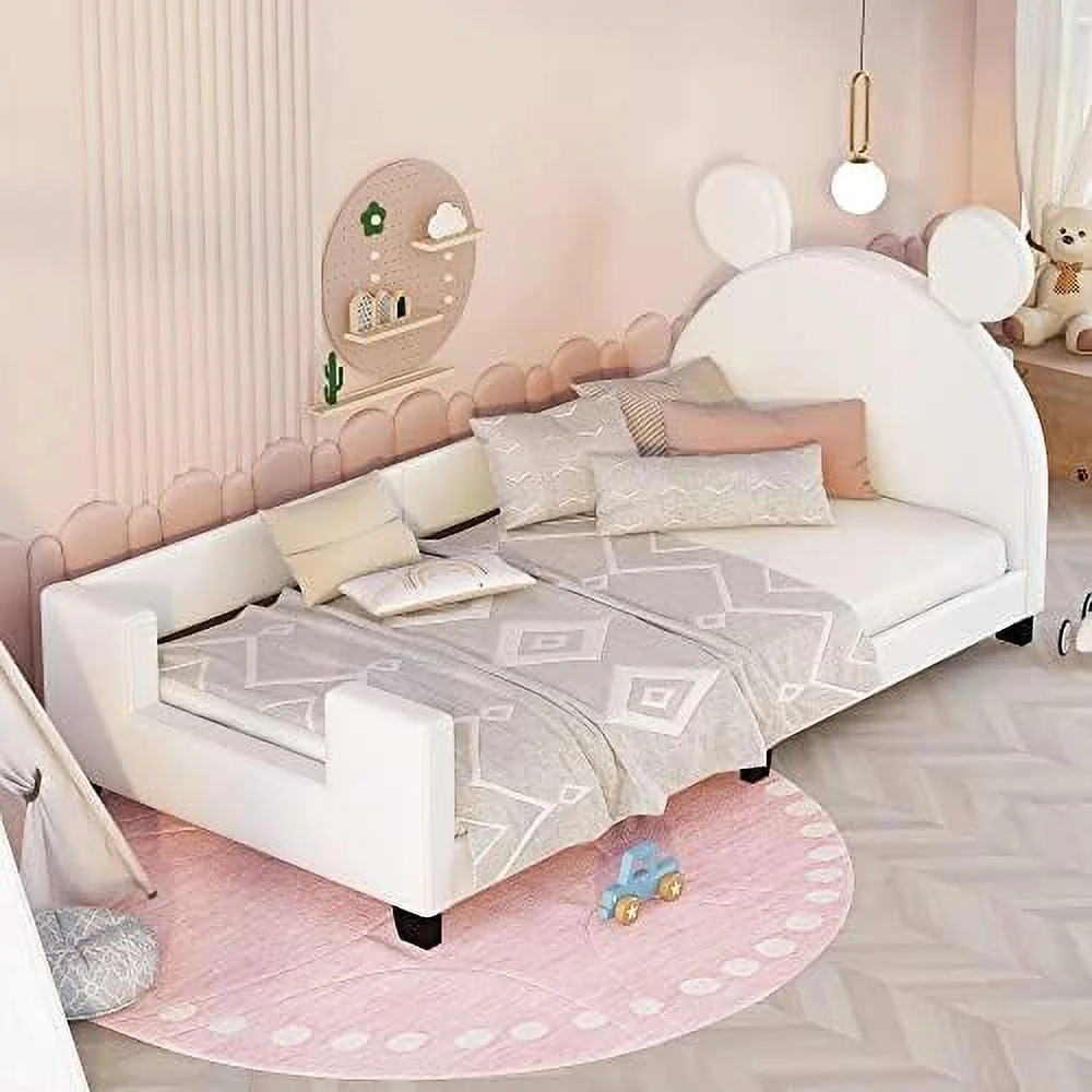 Size Upholstered Daybed With Mouse Carton Ears Shaped Headboard, Wooden Daybed Frame For Bedroom Living Room(White)