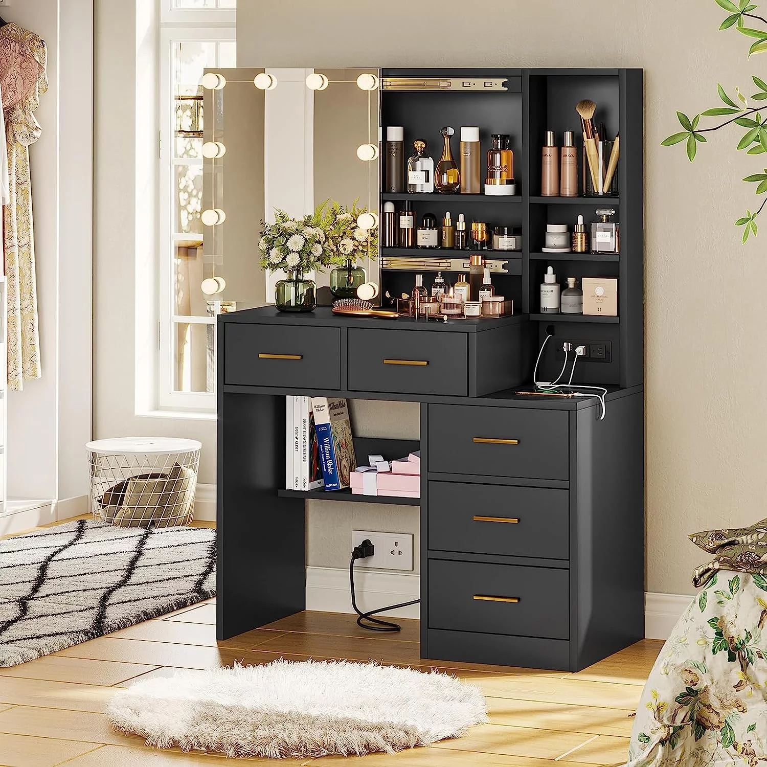 Makeup Vanity Table with Sliding Mirror&LED Lights, Modern Vanity Desk with Charging Station&5 Drawers for Bedroom, Black