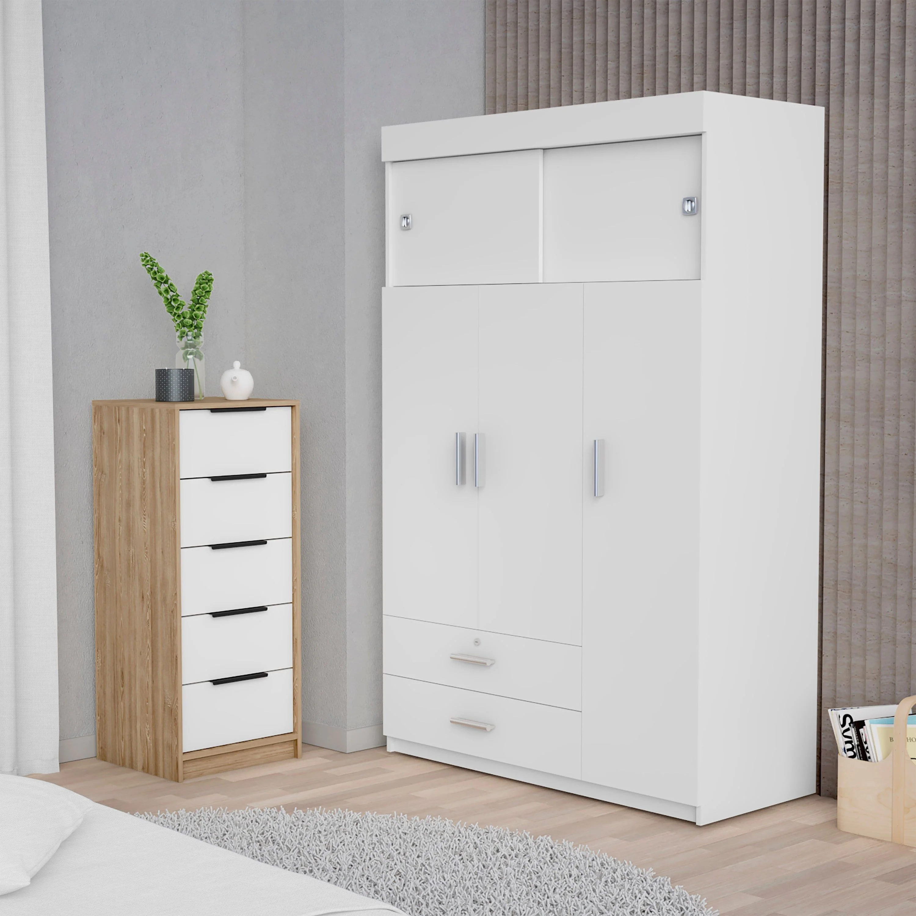 FM Furniture Cozad 2-Piece Bedroom Set with Armoire and 5-Drawer Dresser, White/Light Oak