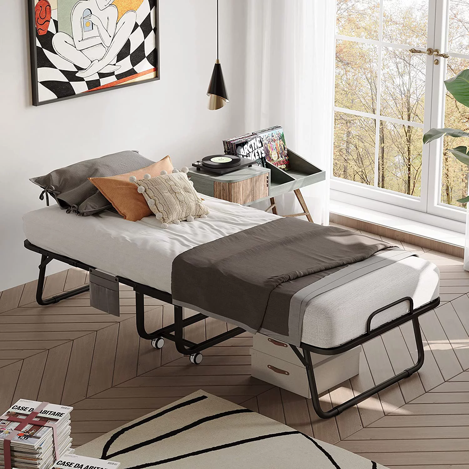 Bed with Mattress  Portable Foldable Rollaway Guest Bed for Adults  Cots Fold Up Bed with Fabric Storage Bag & 5 Inch Memory Foam Metal Frame Wheels  75" x 31"