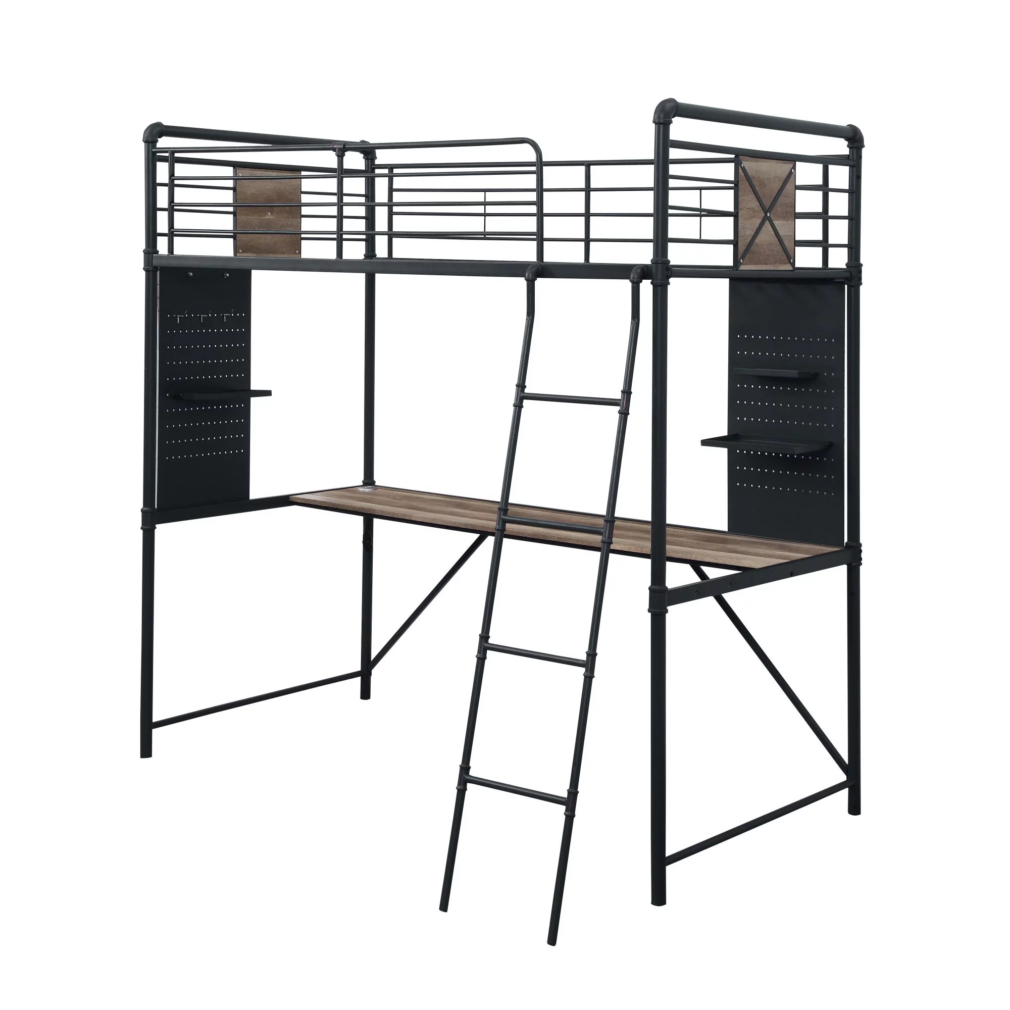 Miekor Furniture Cordelia Twin Loft Bed w/Desk in Antique Oak, Sandy Black & Dark Bronze Hand-Brushed Finish
