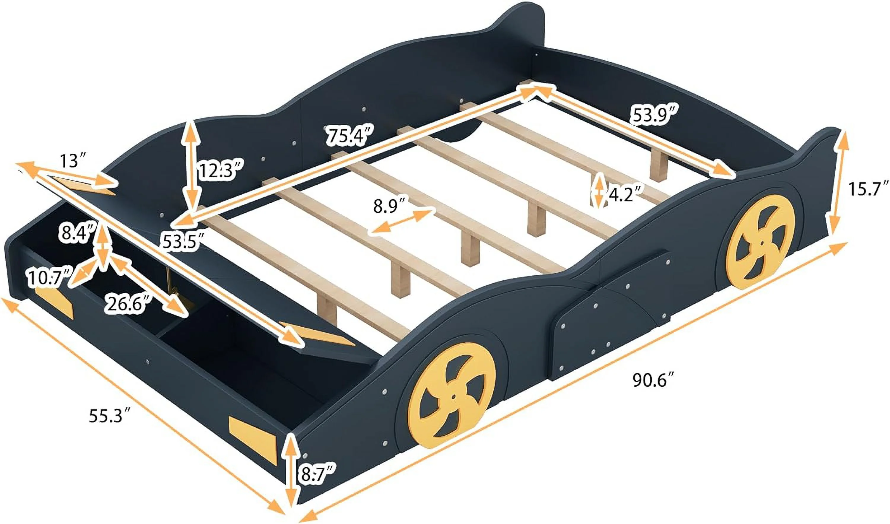 Full Size Race Car-Shaped Platform Bed With Storage Ad Decorative Wheels, Solid Wood Full Bed Frame o Box Sprig Required, Dark Blue+Yellow