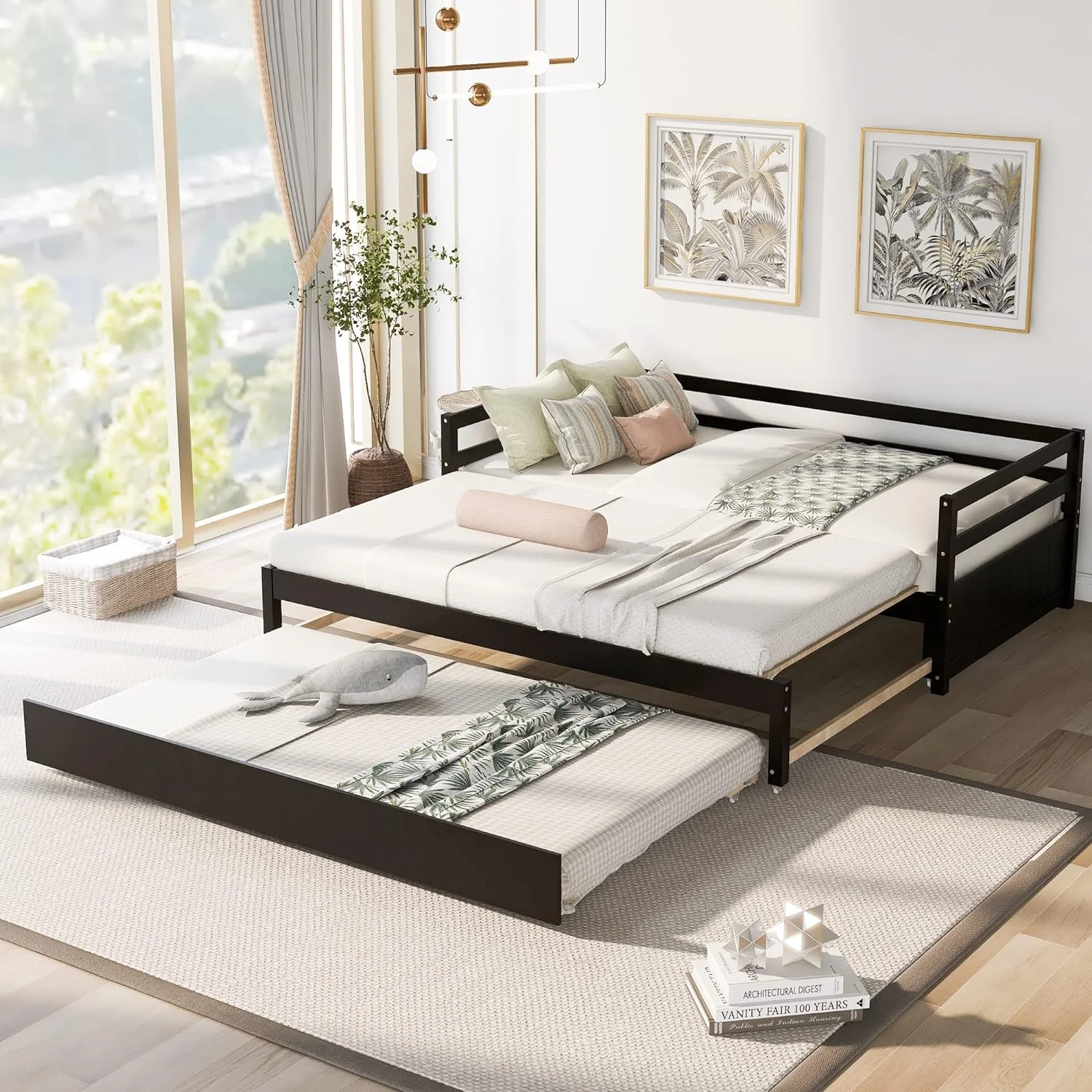 Exedable Daybed Wih rudle, Solid Wood Or Dble Daybed Wih A Pull rudle, o Kig Desig Exedig Sofa Bed Livig Room, Bedroom, Gues Room (Espresso)