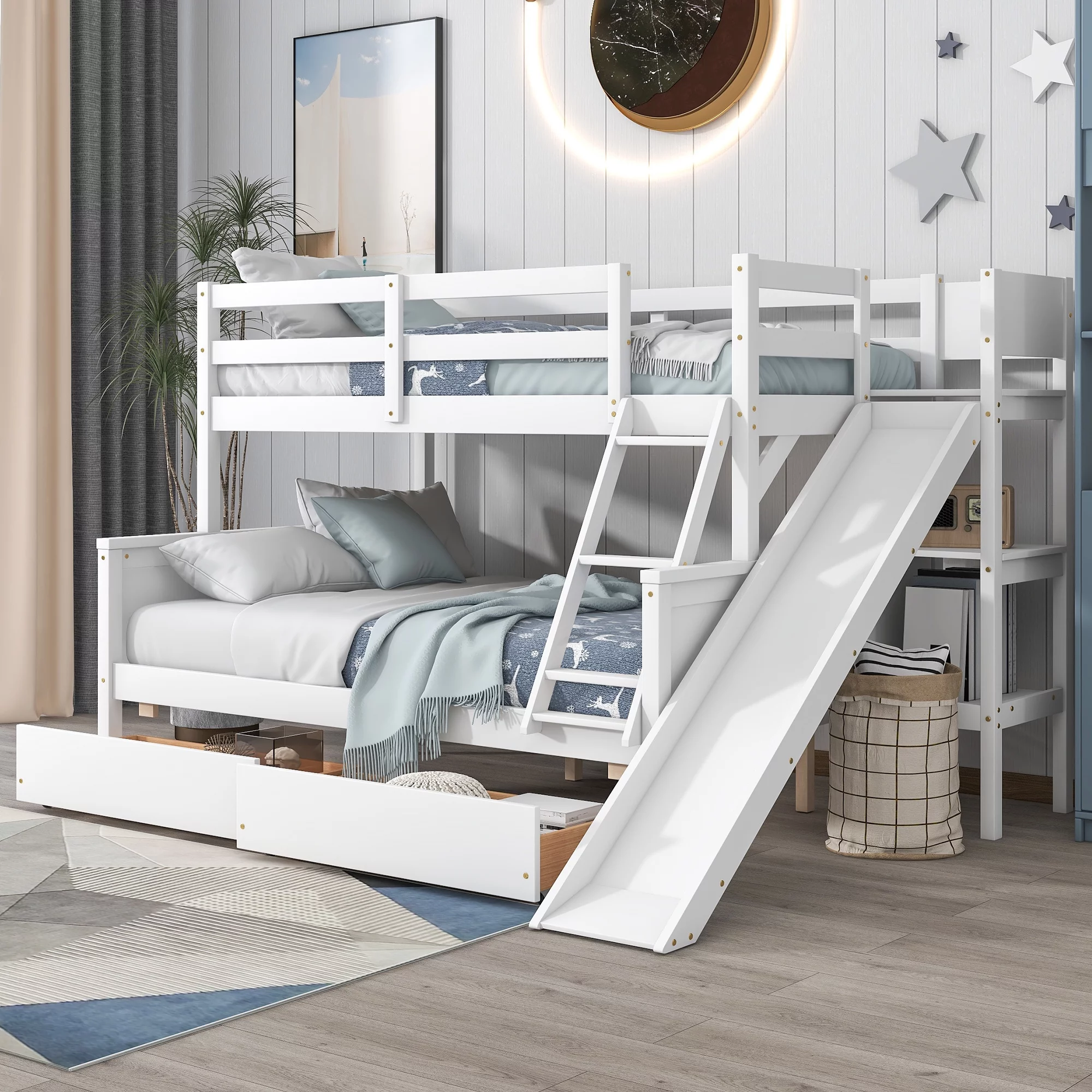 Solid Wood Twin Over Full Bunk Bed with 2 Drawers, Slide and Shelves, Reinforced Structure for Toddler Kids Teens Down Bed can be Converted into Daybed(White)