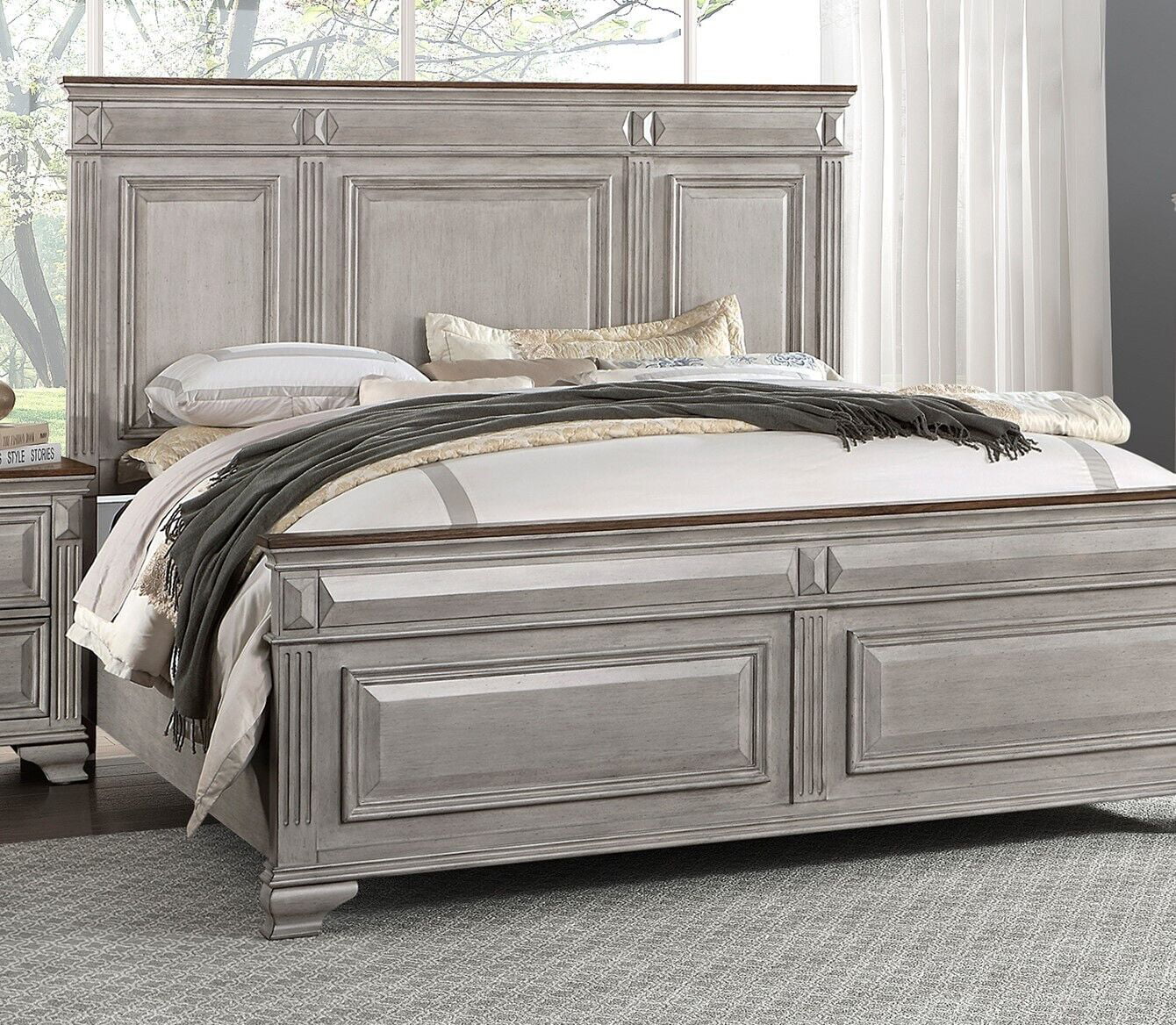 Traditional Two-Tone King Size New Bed Wooden Bedroom Furniture Brown Gray