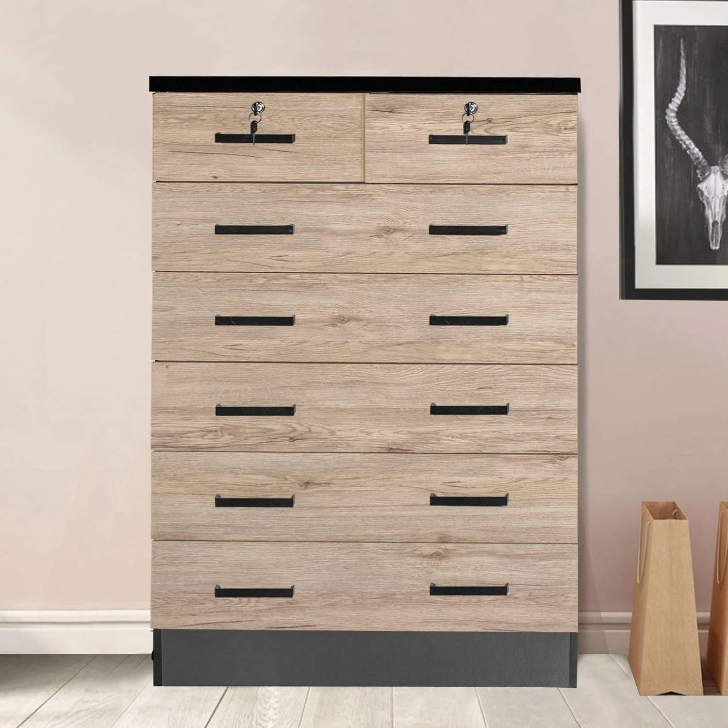 Home Products Cindy 7 Drawer Chest Wooden Dresser with Lock in Gray