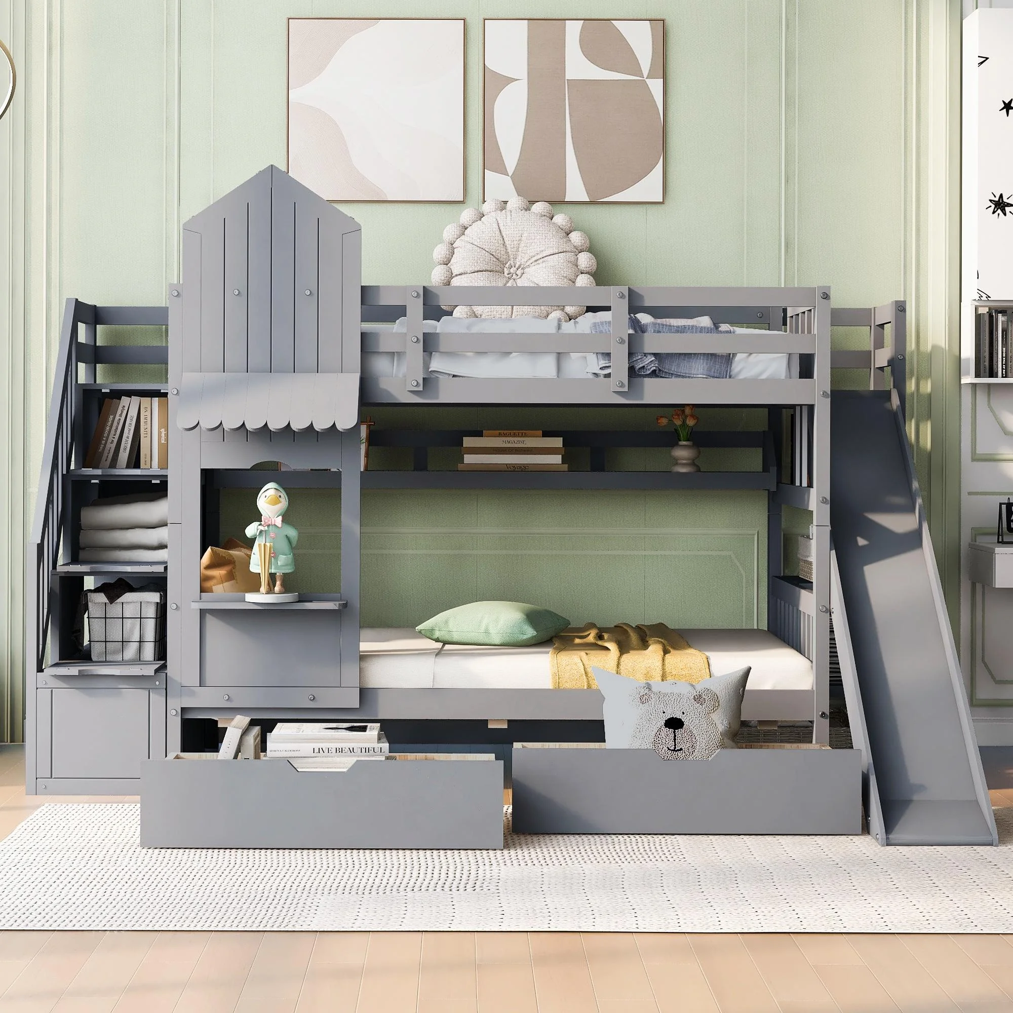 uhomepro Twin-Over-Twin Bunk Bed, Castle Style Bunk Bed with 2 Drawers 3 Shelves, Playhouse Style Bunk Bed with Side Ladders Slide for Kids Teens Boys Girls, Gray