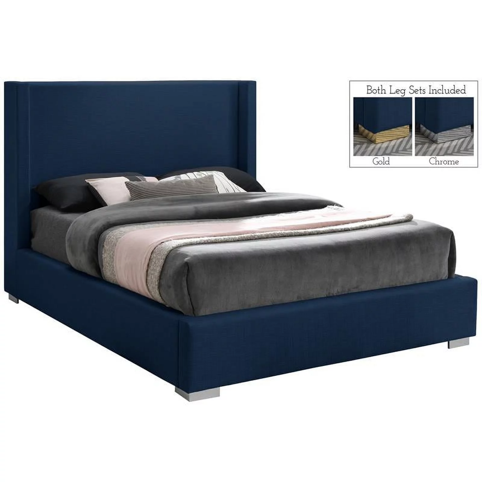 Meridian Furniture Royce Navy Linen Textured Fabric King Bed