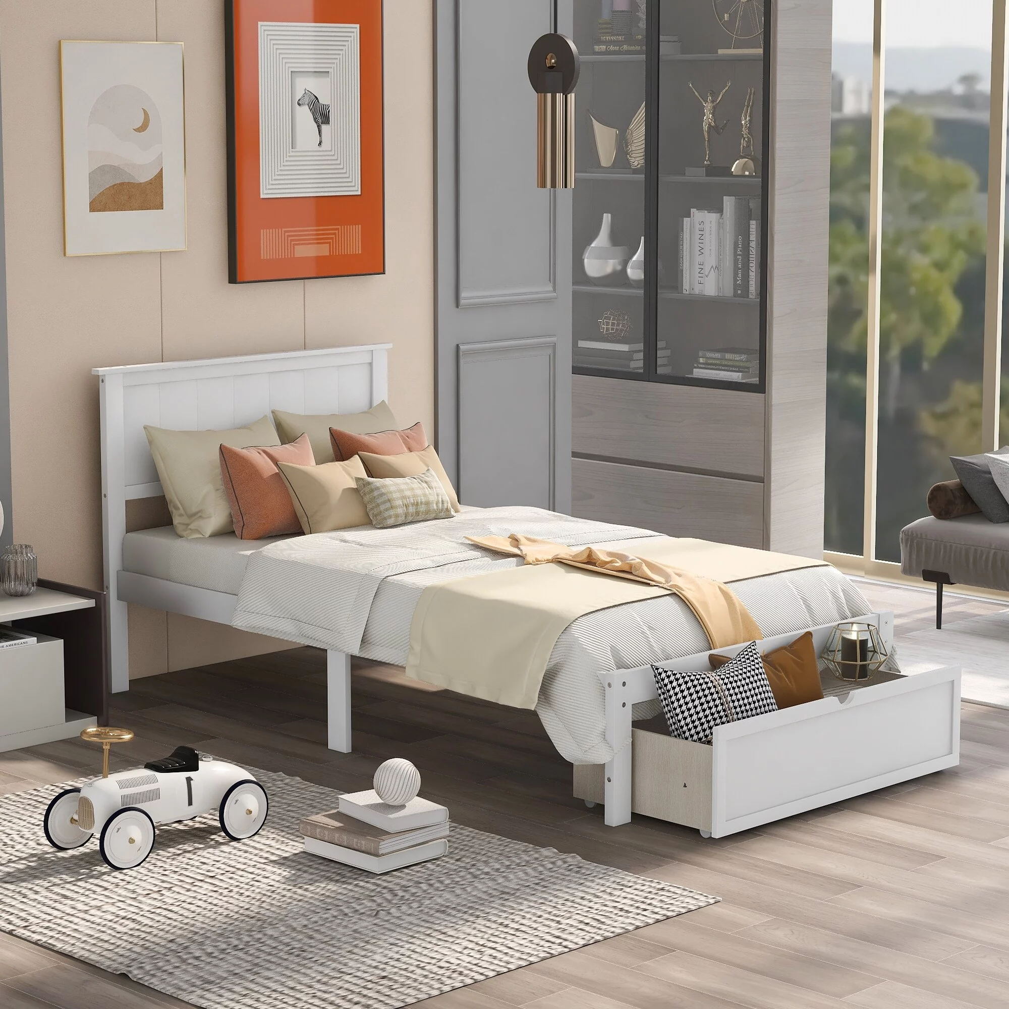 Nestfair  Twin Size Platform Bed with Drawer White