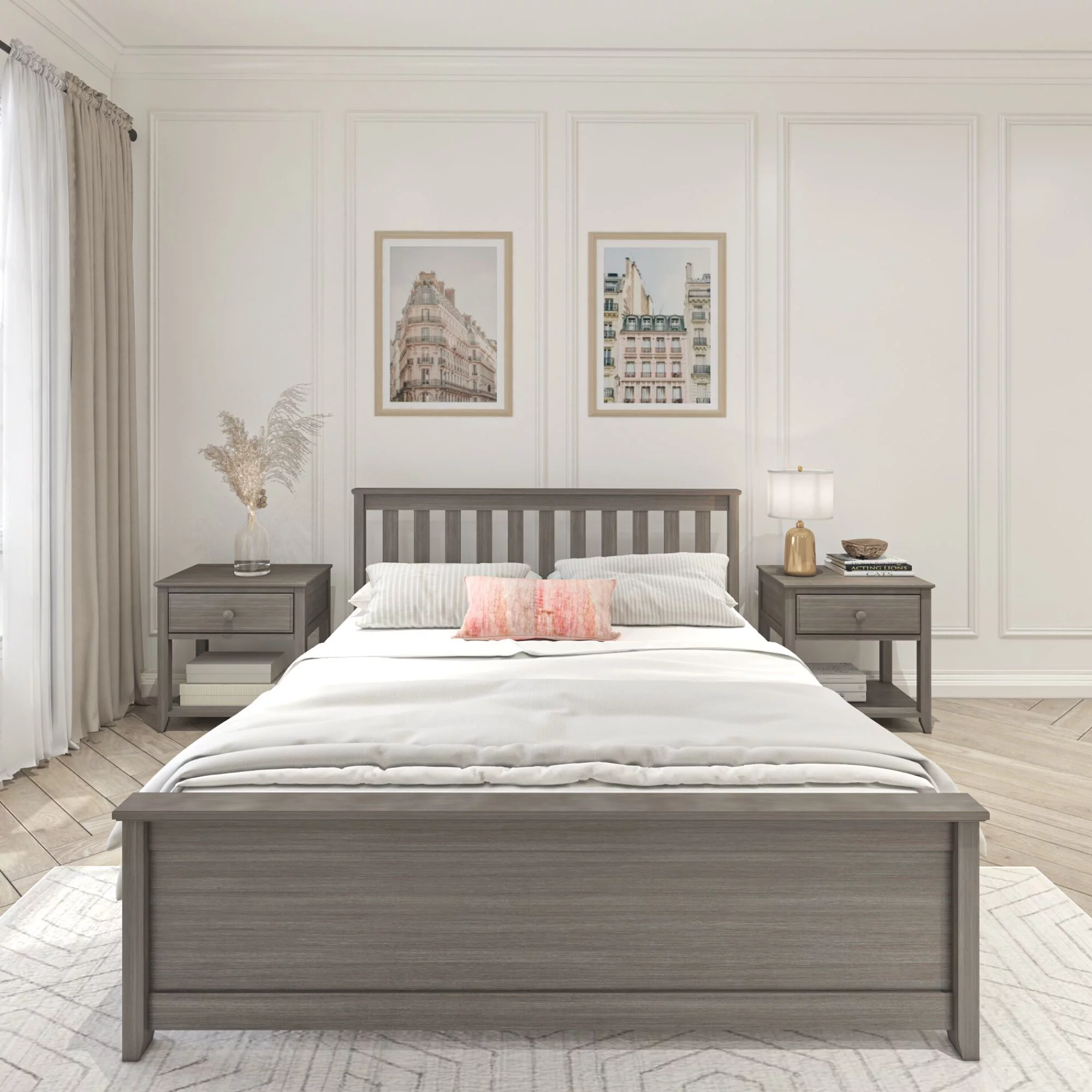 Plank+Beam Queen Bed Frame with Slatted Headboard, Classic Solid Wood Adults Platform Bed, Clay