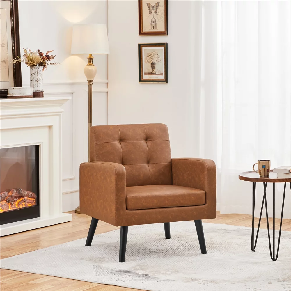 SmileMart Mid Century Faux Leather Tufted Accent Chair for Living Room, Retro Brown