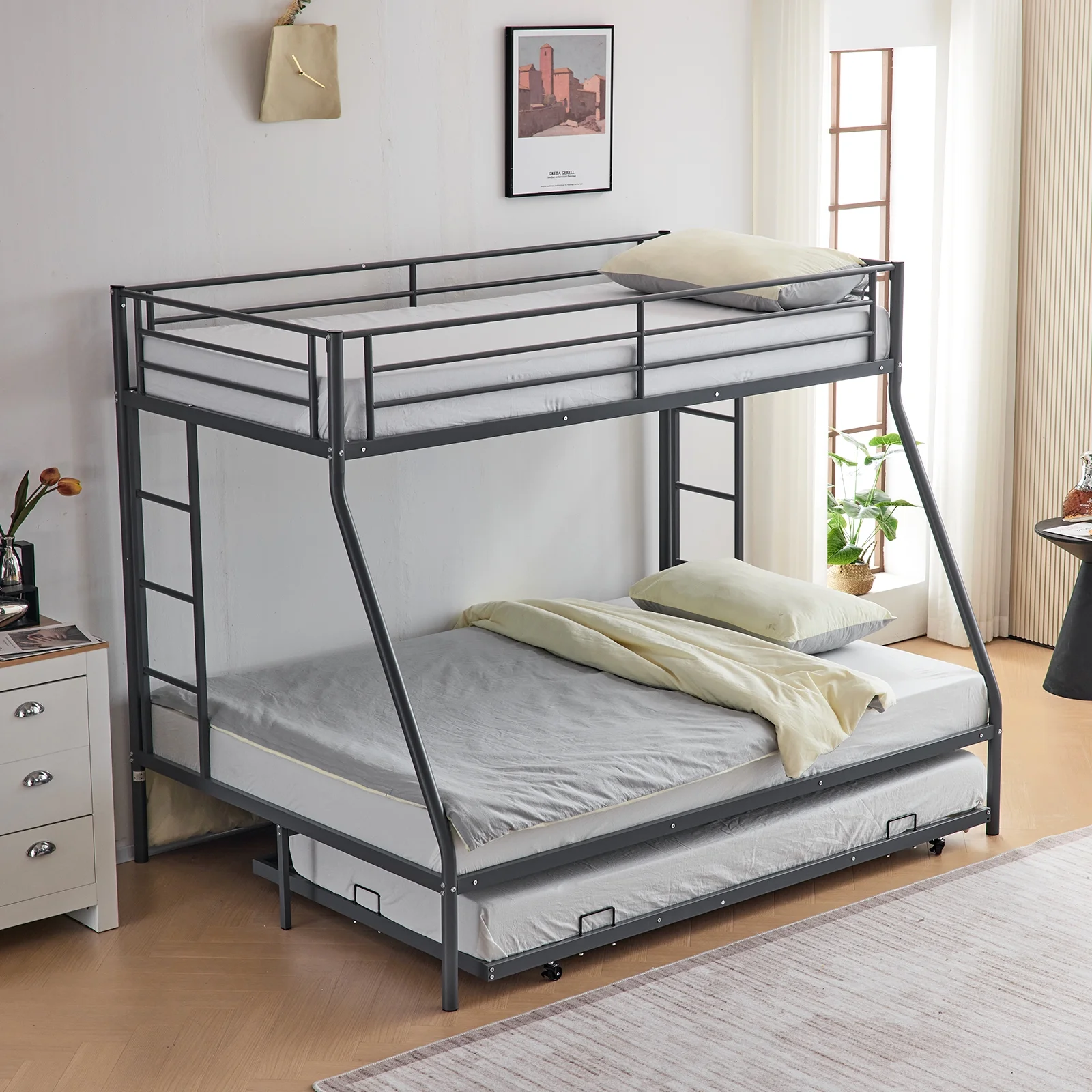Twin Over Full Bunk Bed with Trundle, Triple Bunk Beds for Kids Teens Adults, Metal Bunk Bed with Two Side Ladder and Guardrails
