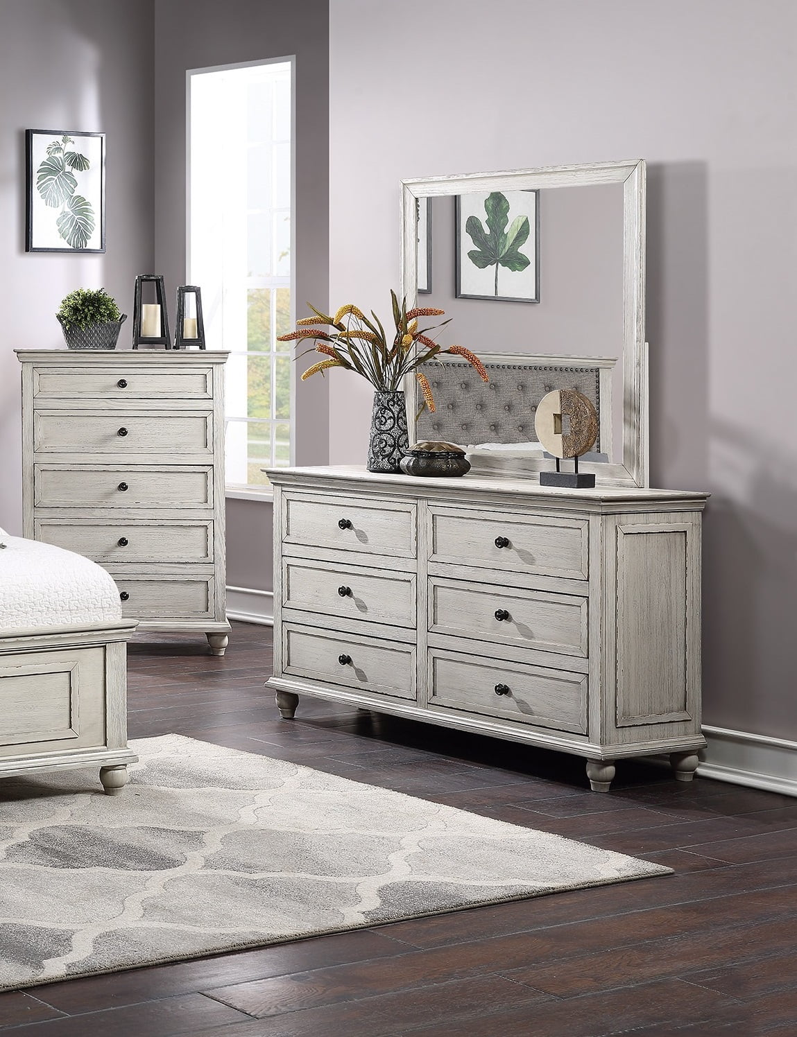 Transitional Style Bedroom White Finish 4pc Bedroom Set Eastern King Size Bed Dresser Mirror Nightstand Furniture