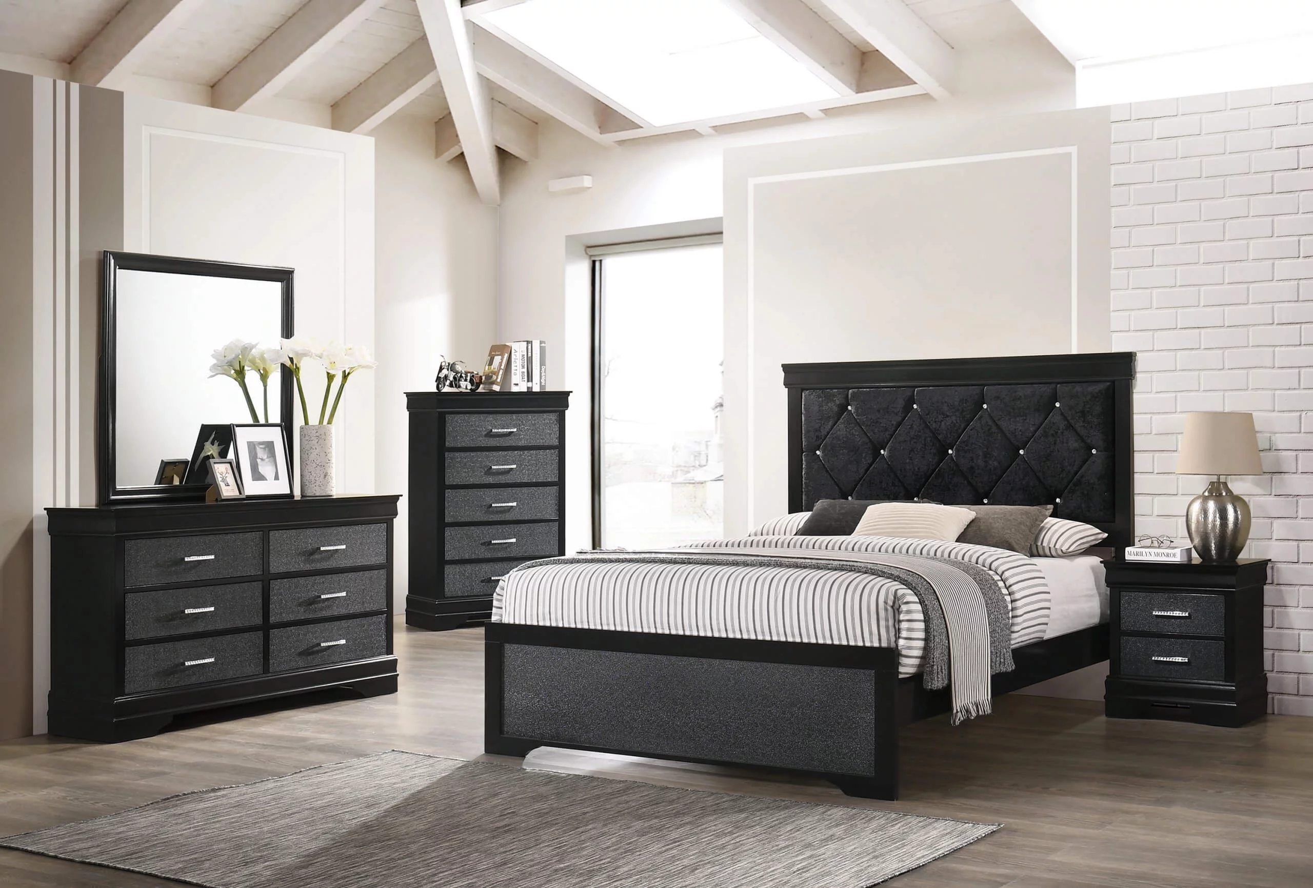 Modern 5pc Full Size Black Finish Upholstered Bed Set Solid Wood Storage Wooden Bedroom Furniture