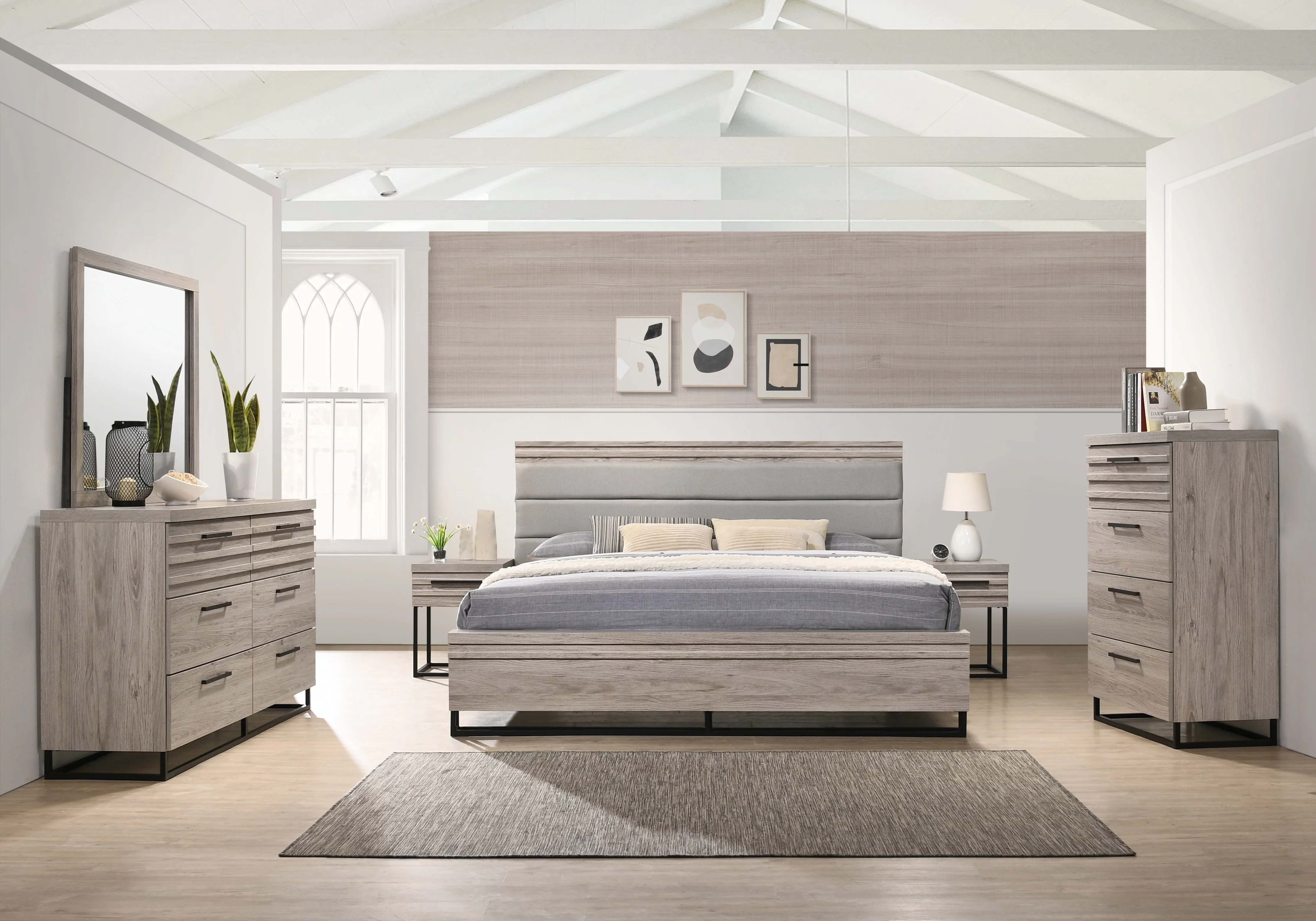 Roundhill Furniture Alvear Upholstered Wood 6-Piece Bedroom Set, Weathered Gray Finish, King Size