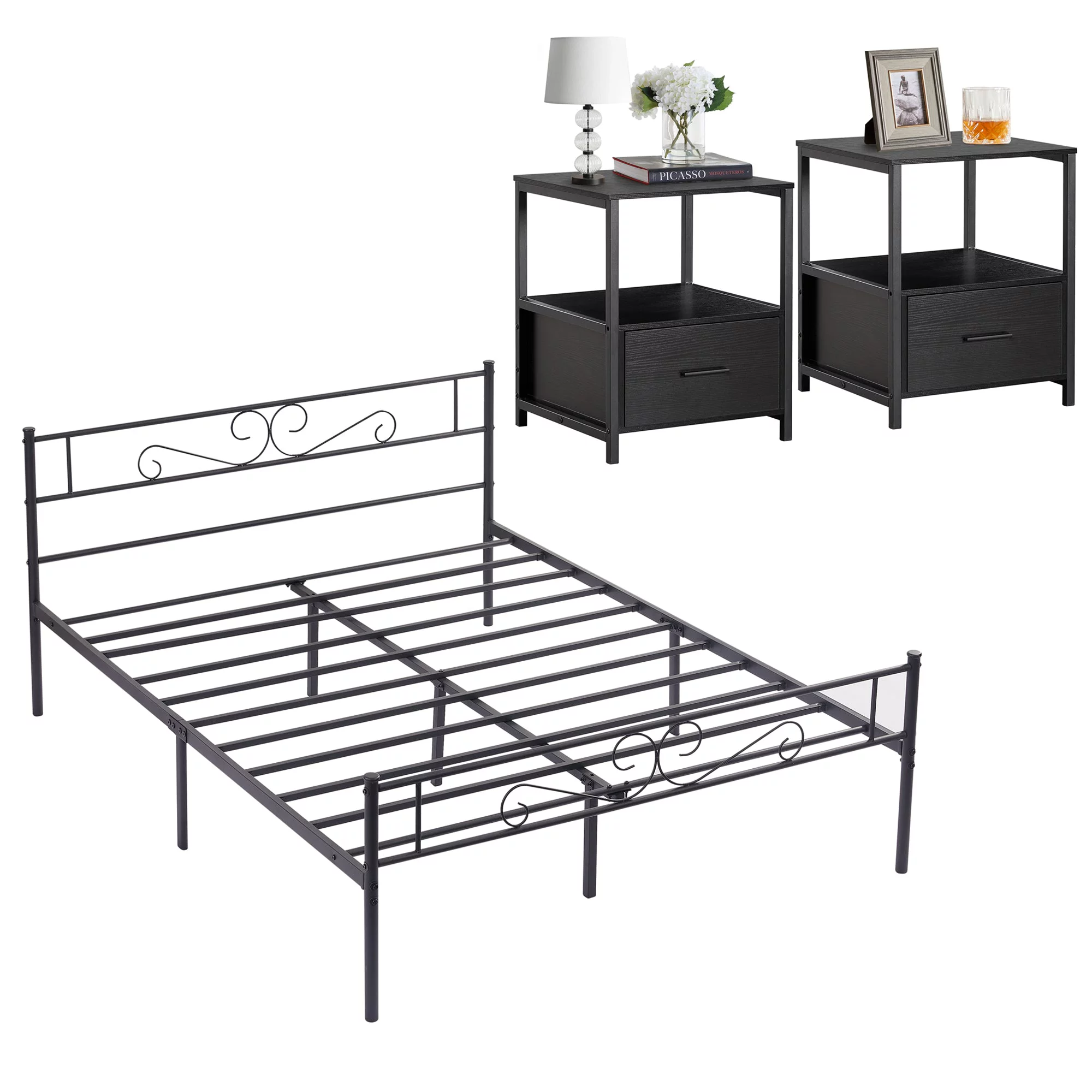 VECELO 3-Piece Bedroom Set with Full Bed Frame and 2 Black Nightstands