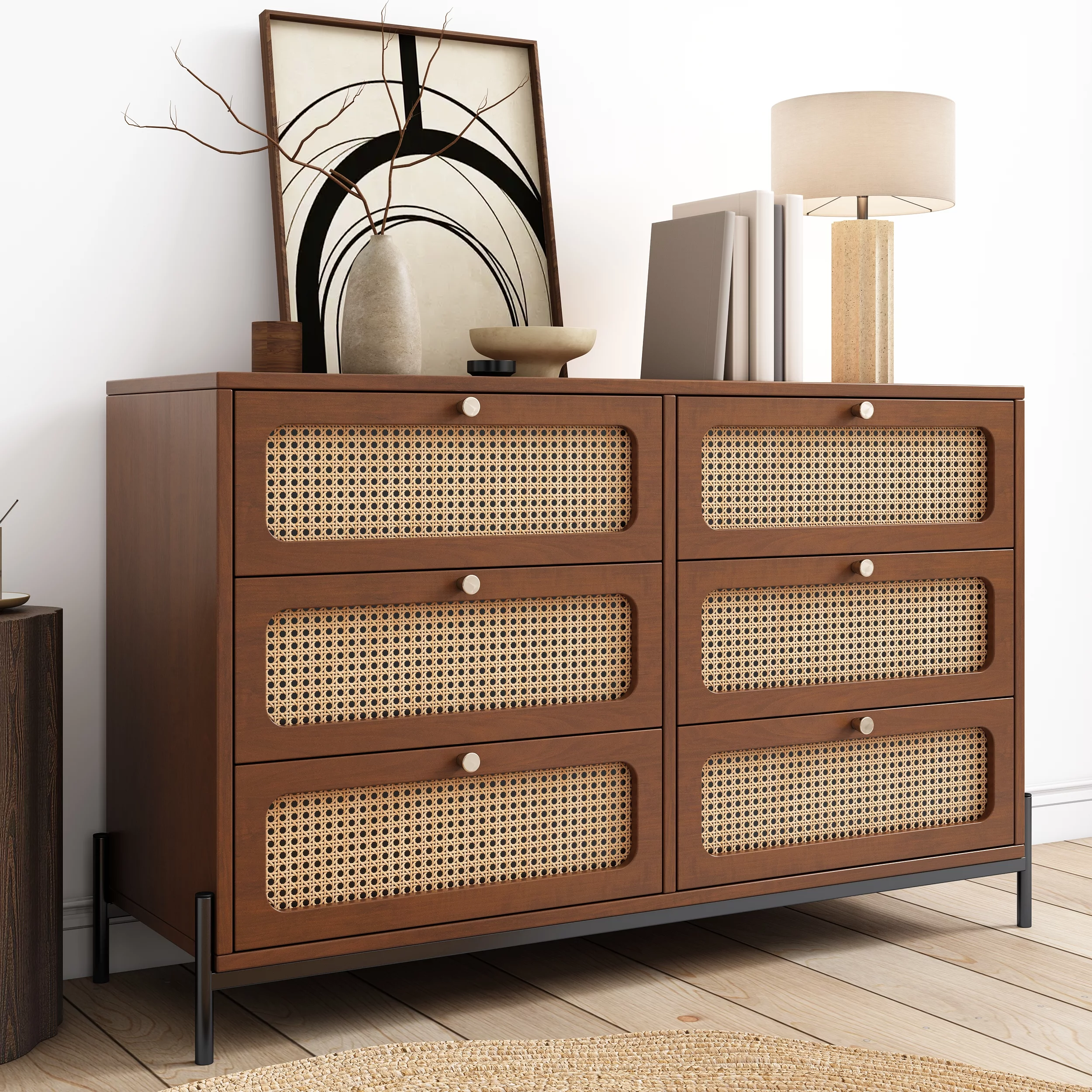 CoSoTower Modern Cannage Rattan Wood Closet 6-Drawer Dresser Wood Storage Cabinet Sideboard for Bedroom, Living Room, Entryway, Hallway, Walnut