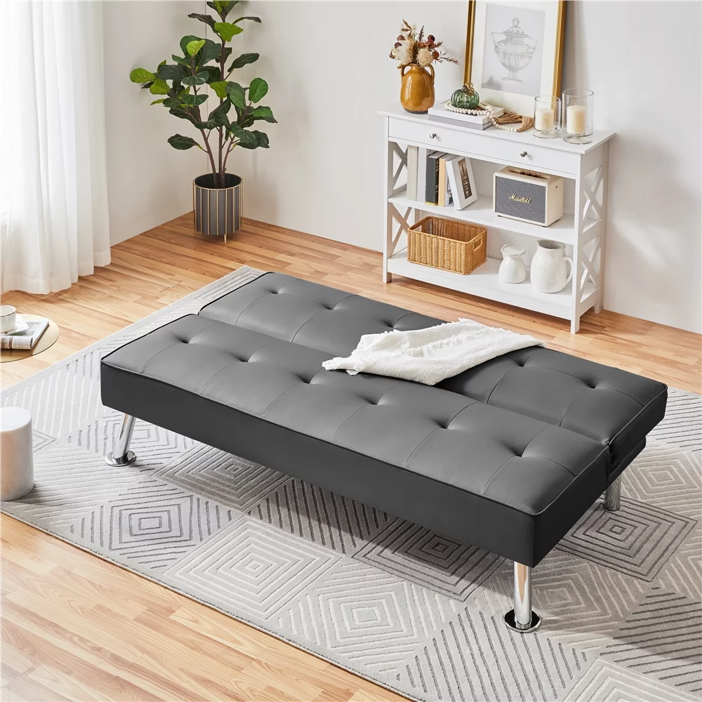 SmileMart Convertible Tufted Faux Leather Futon Sofa Bed with Chrome Metal Legs, Gray