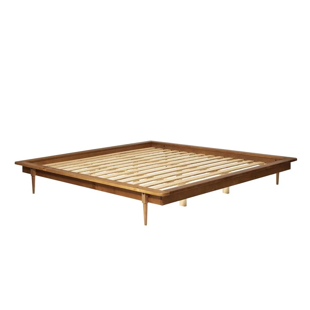 King Mid Century Modern Solid Wood Platform Bed - Caramel