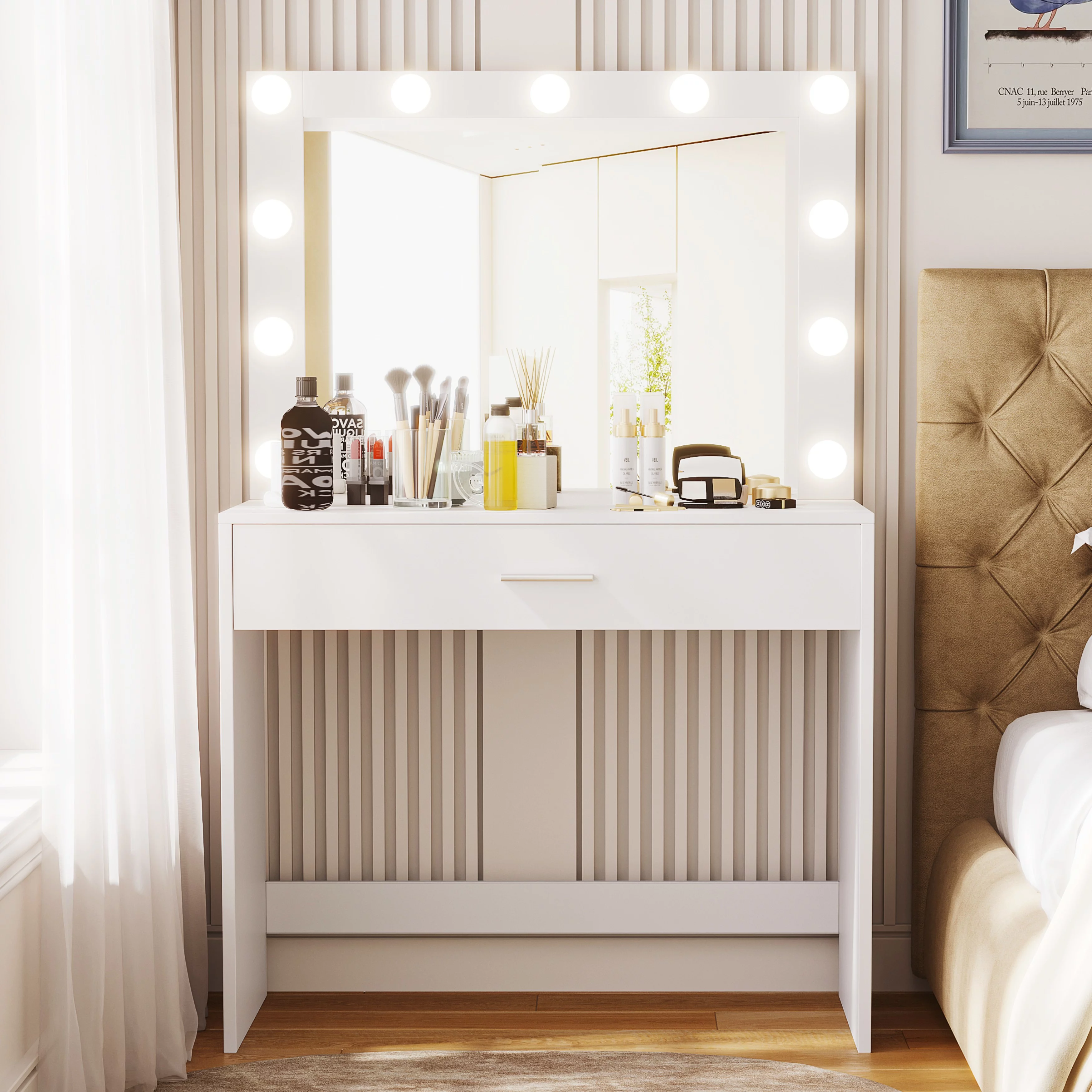 Rovaurx Modern Makeup Vanity Table/Desk with Lighted Mirror and Drawer, Bedroom Dressing Desk, White