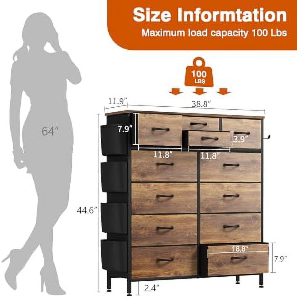 NLIBOOMLife Dresser for Bedroom Tall Dresser Fabric Tower with 12 Drawers Side Pockets for Closet Living Room Hallway (Rustic Brown)