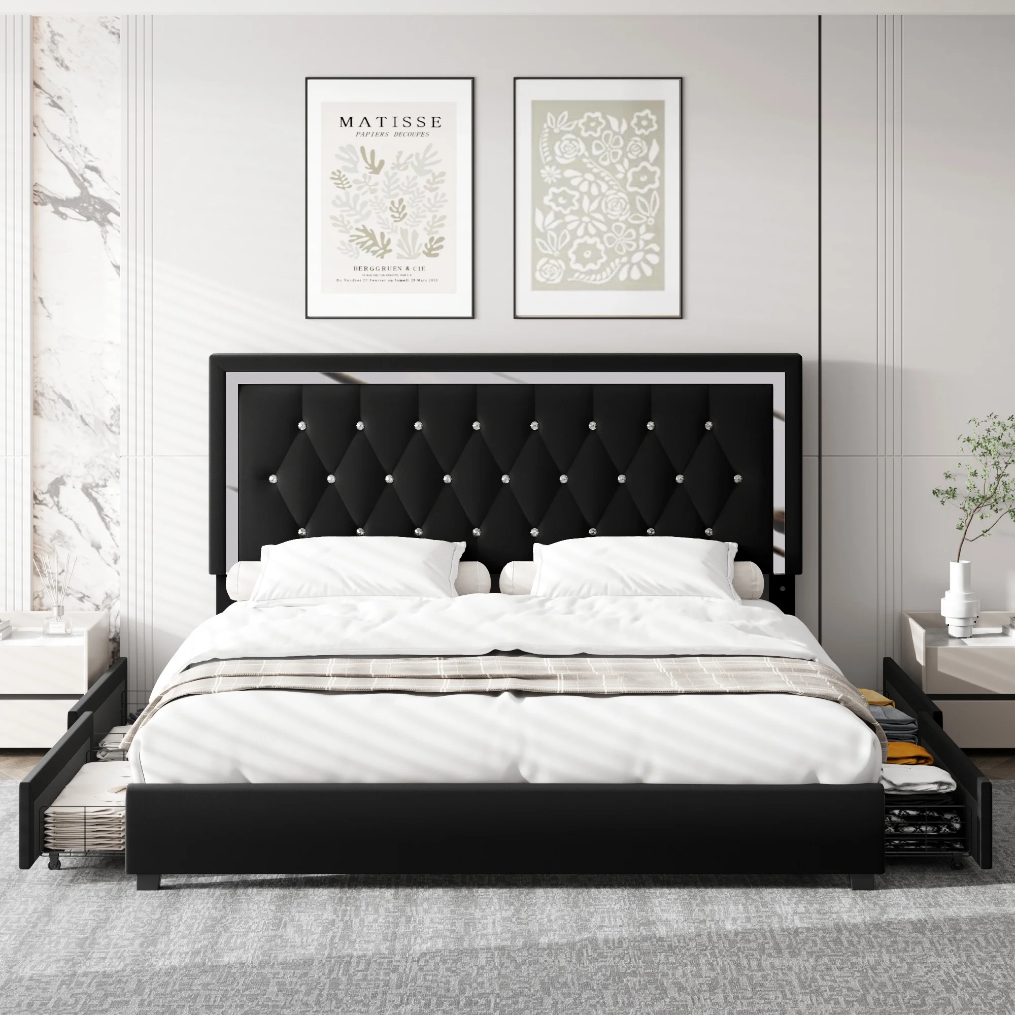 Homfa Full Size Storage Bed with 4 Drawers, Crystal Buckle Upholstered Platform Bed Frame with Adjustable Headboard for Bedroom, Black