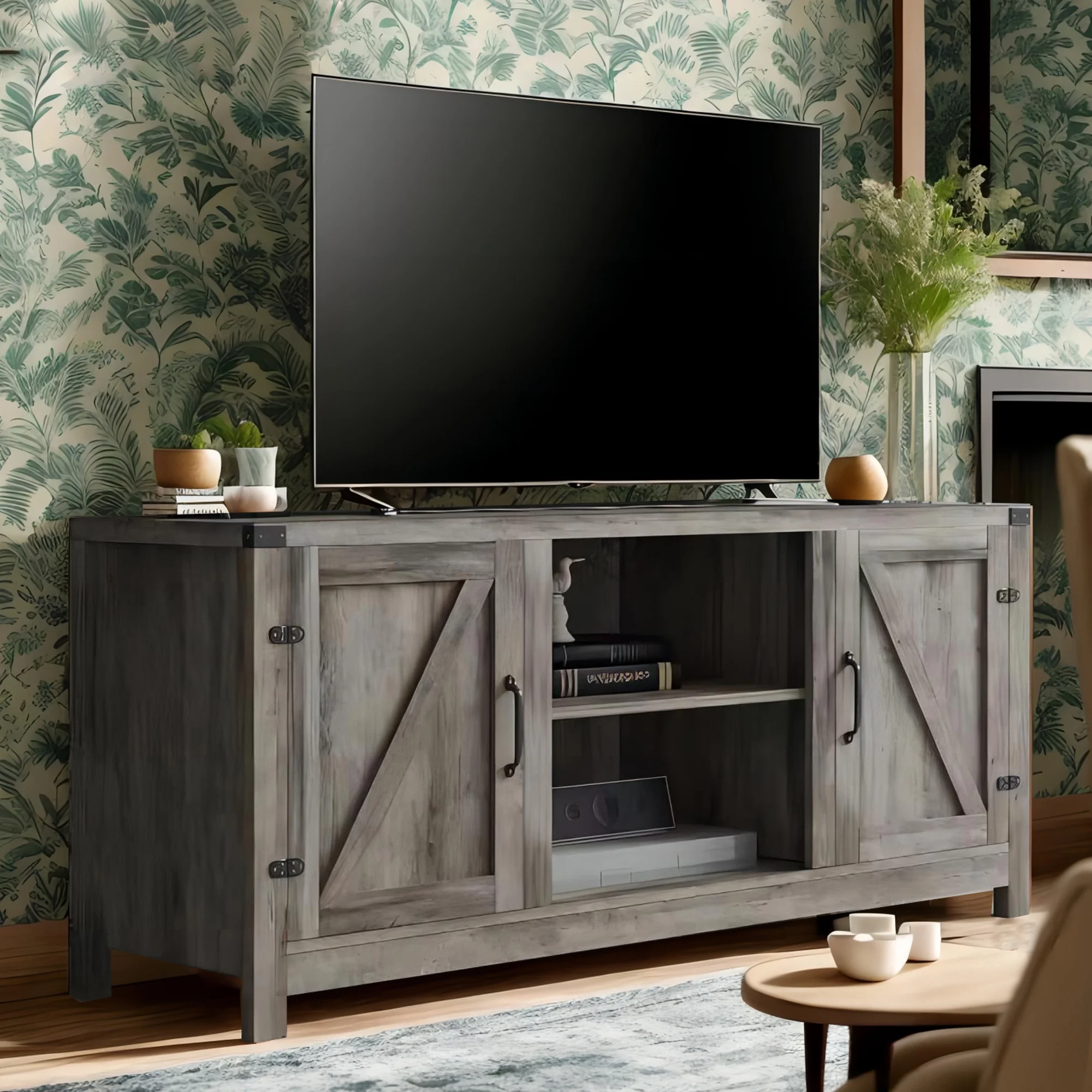 AKIUDEX Modern Farmhouse TV Stand Barn Door TV Cabinet for TVs up to 65