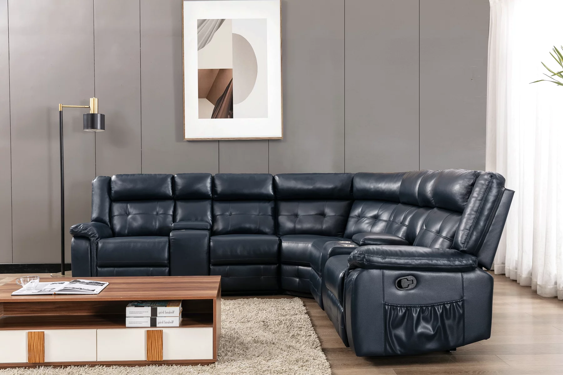 Nathaniel Home, PU Leather Reclining Sectional Sofa Set with 2 Consoles, Fashion Living Room Recliner Chair with Storage Box, L-Shaped Corner Couch with Cup Holders, Deep Ocean Blue