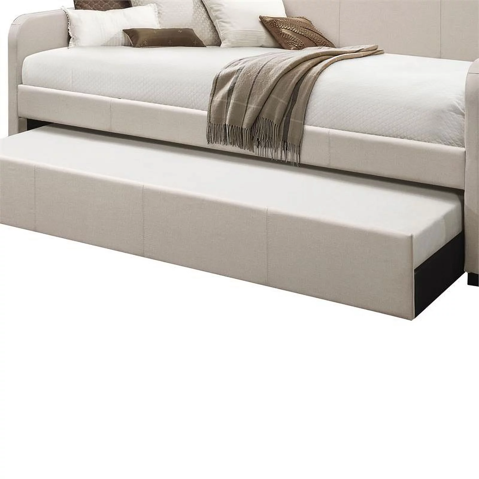 Fabric Upholstered Wooden Day Bed with Trundle and Panel Back in Beige