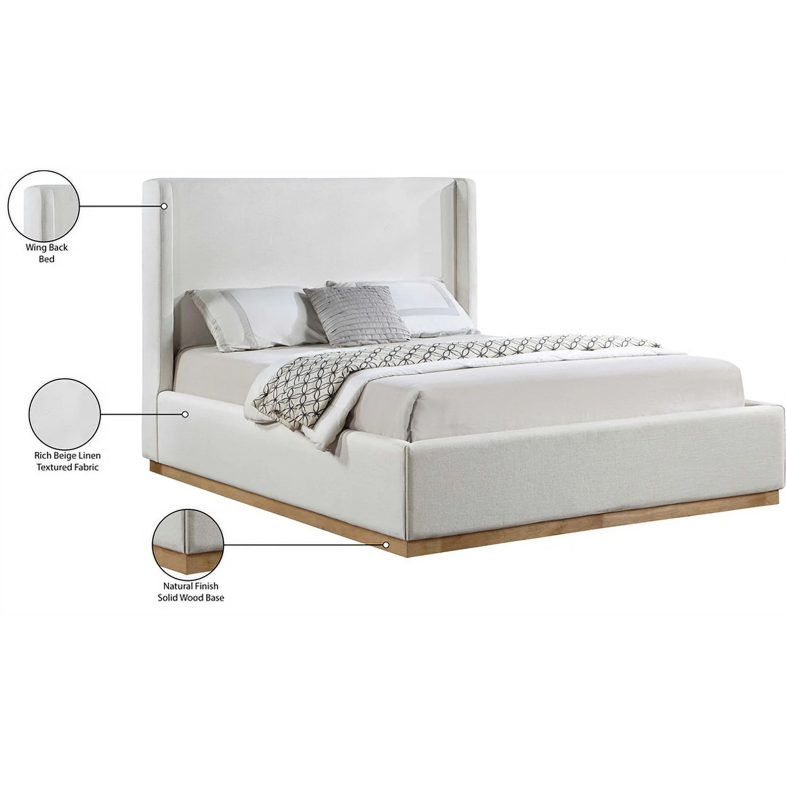 Meridian Furniture Flynn Cream Linen Textured Fabric Queen Bed