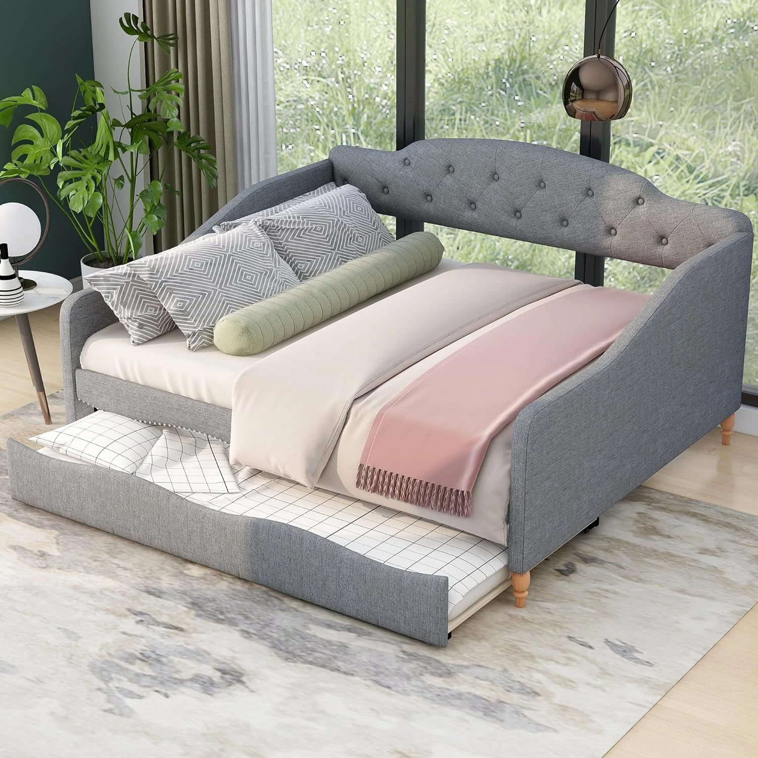 Full Size Lie Upholstered Tufted Daybed Bed With Size Trudle,Sofa Day Bed Frame With Butto Tufted Backrest For Livig Room, Bedroom, Guestroom,Gray