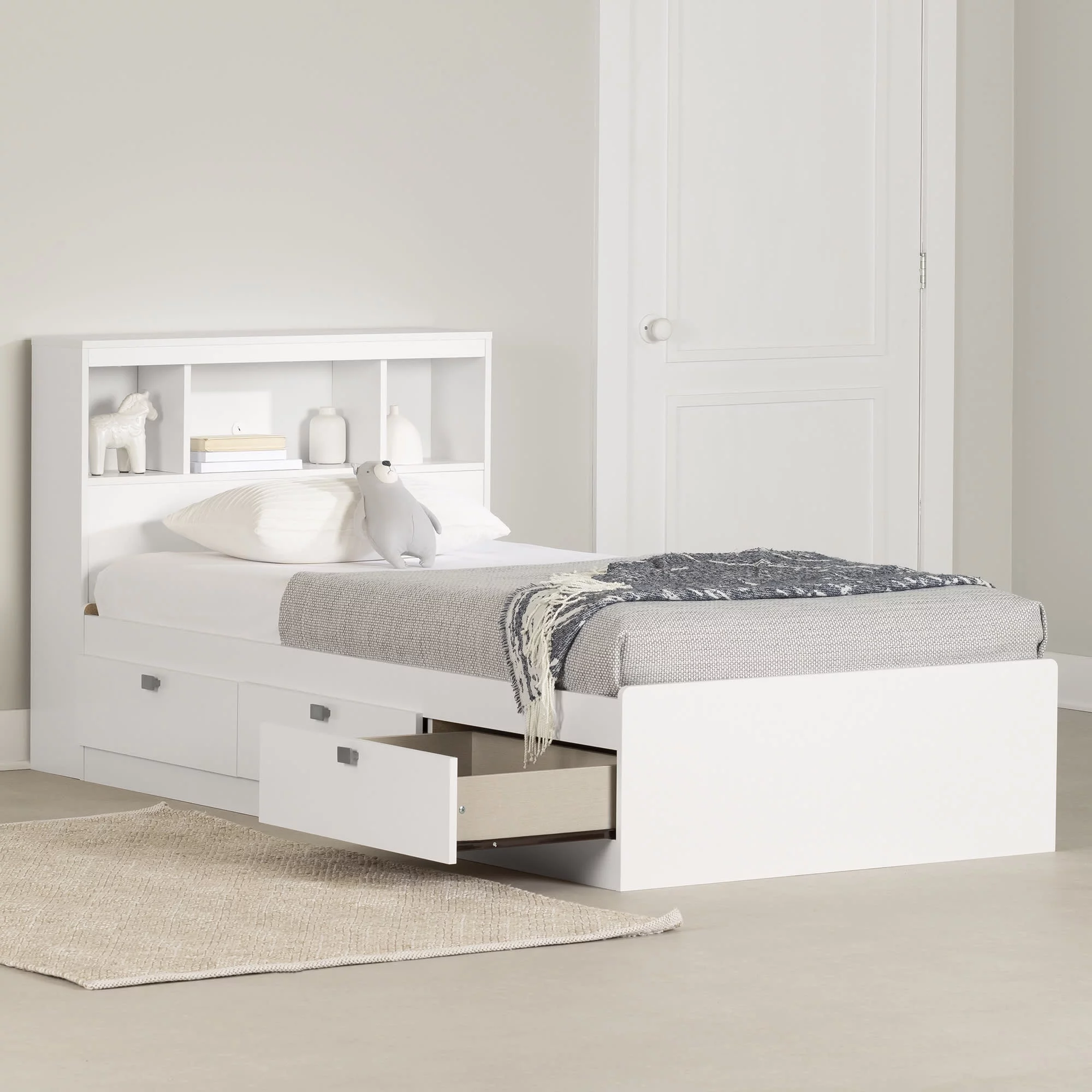 South Shore Spark 3-Drawer Storage Bed, Twin, White, with Bookcase Headboard