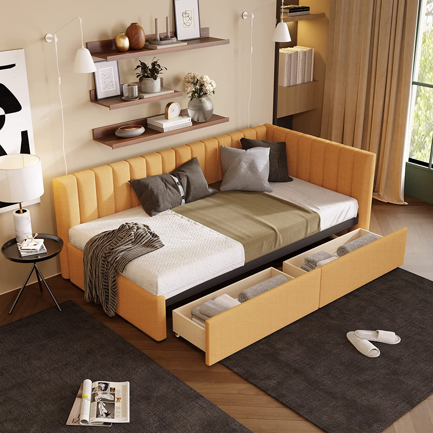 Upholstered Daybed With 2 Storage Drawers, Size Daybed With Wood Slats, Linen Fabric Sofa Bed Frame For Living Room Bedroom (, Yellow)