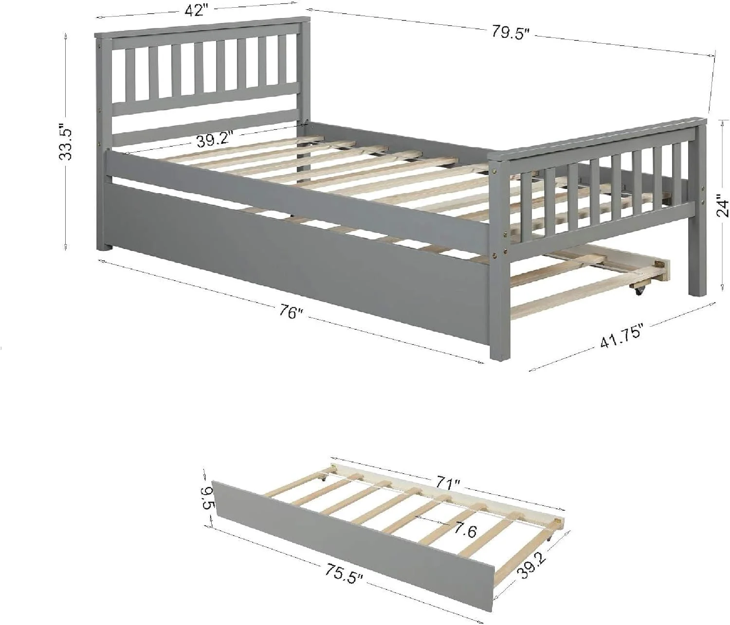 Twin Platform Bed with Trundle & Headboard, Wood Slats Support w/ Footboard for Adults, Teens, Kids Bedroom, No Box Spring Needed, Easy to Assemble, Grey