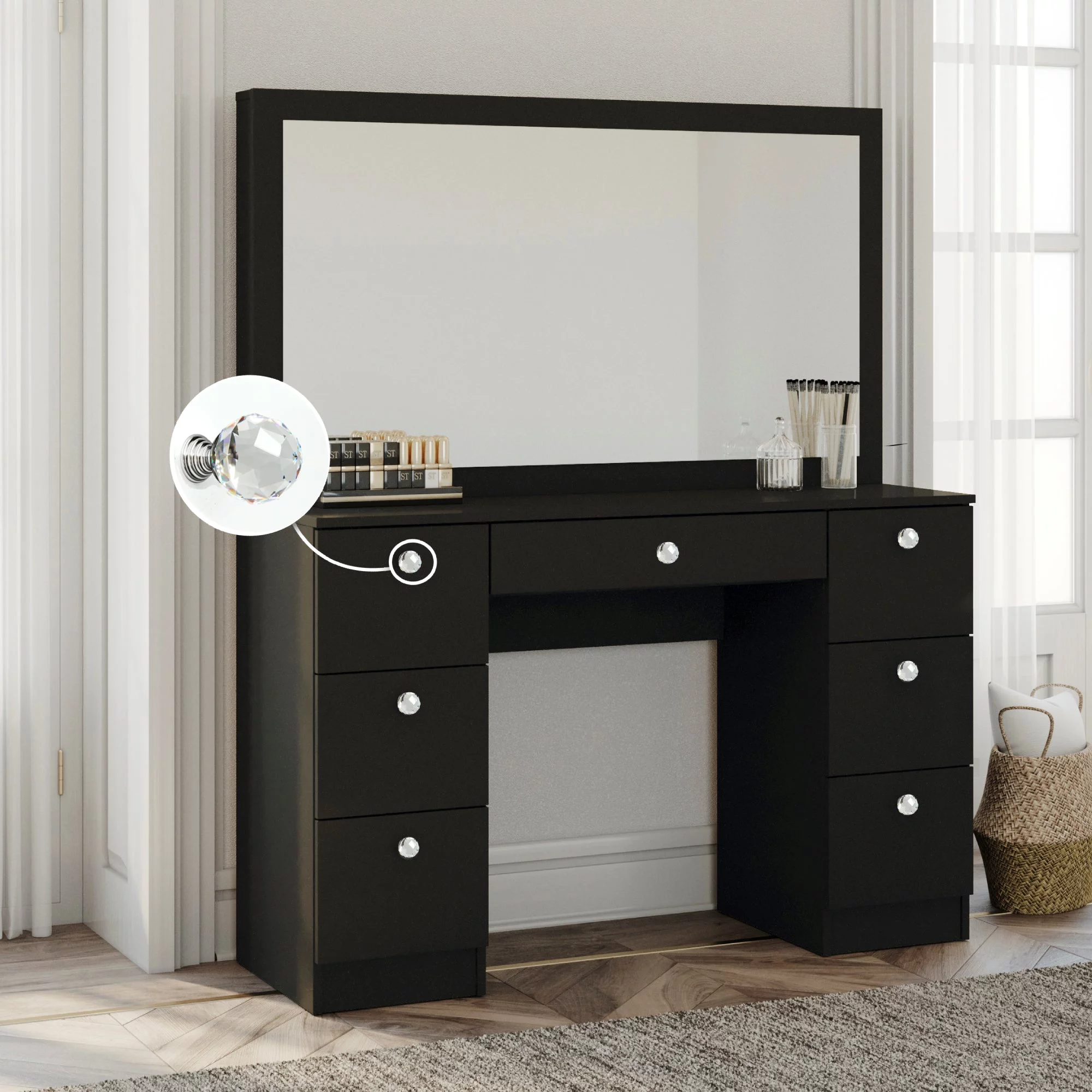 Boahaus Artemisia Modern Black Painted Makeup Vanity Table with Crystal Ball Knobs, for Bedroom