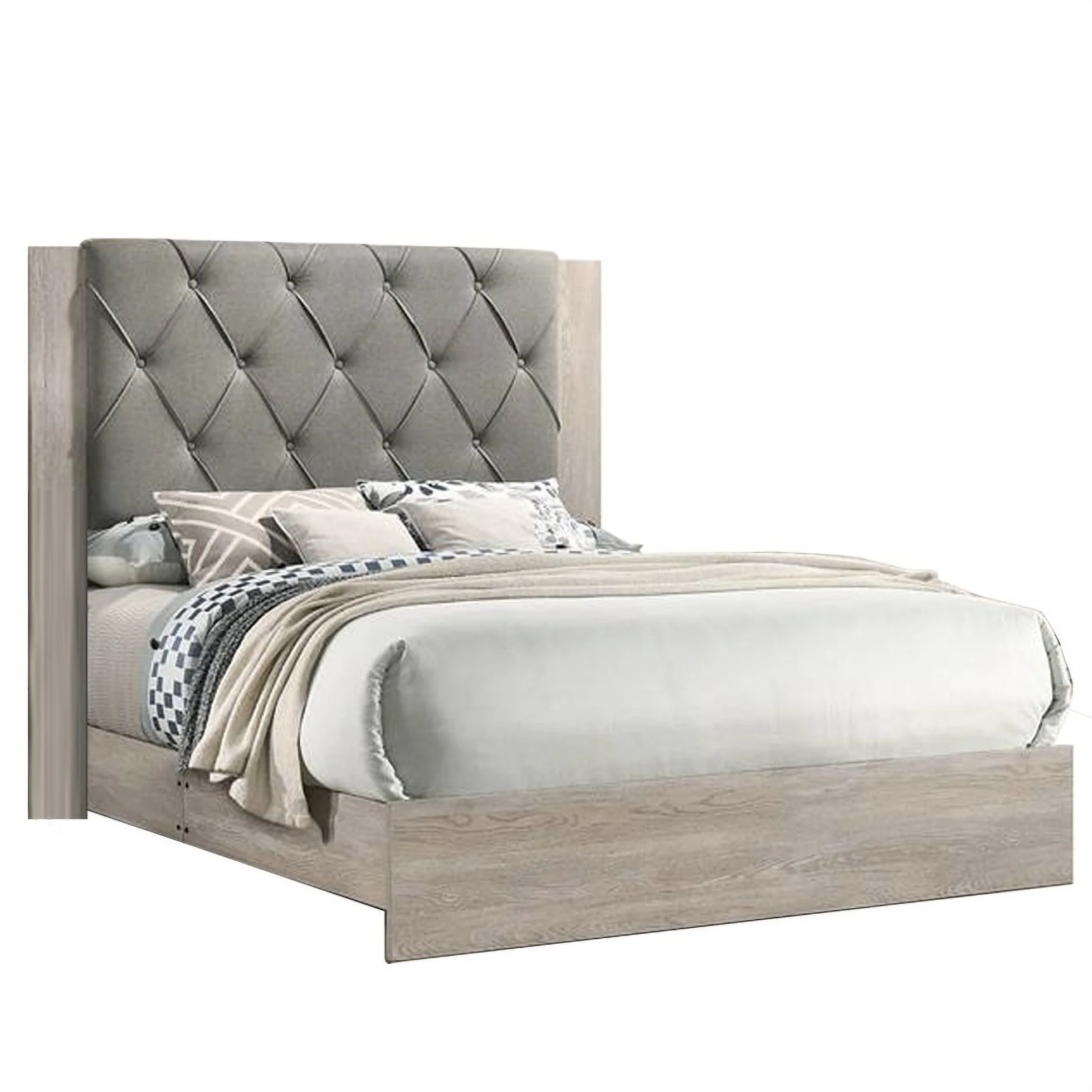 Contemporary Upholstered Tufted Headboard California King Size Bed Cream Color Wooden 1pc Set Bedframe Slats