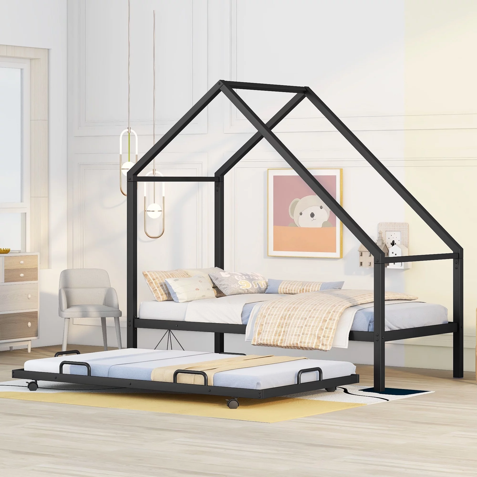 paproos Metal Daybed with Trundle, Twin Metal Sofa Bed with Trundle, Steel Daybed for Bedroom Guest Room, Black