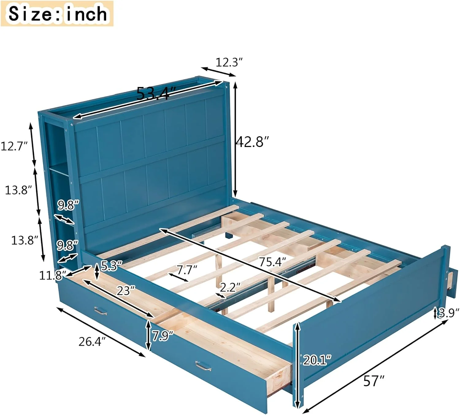 Blue Full Size Bed Frame With Bookcase Headboard Ad 4 Storage Drawers, Woode Platform Bed Frame Full, Full Storage Bed Frame For Bedroom, o Box Sprig eeded, Mattress Foudatio (Full, Blue)