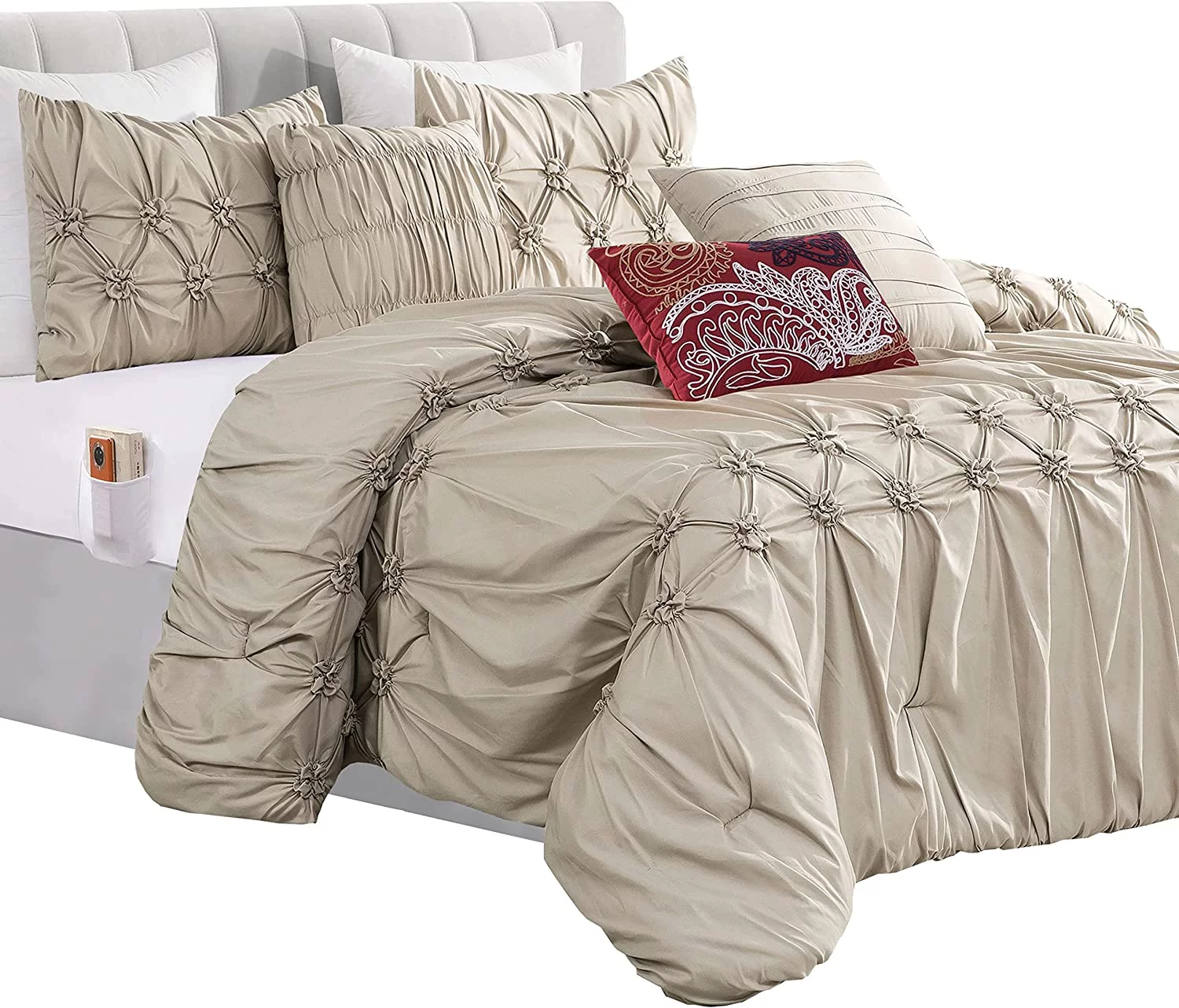 Comforter Set - Ella Pleated Ruched Bed-in-a-Bag with Smart Sheet Set and Matching Decorative Pillows - 12-Piece Set, King/California King, Linen