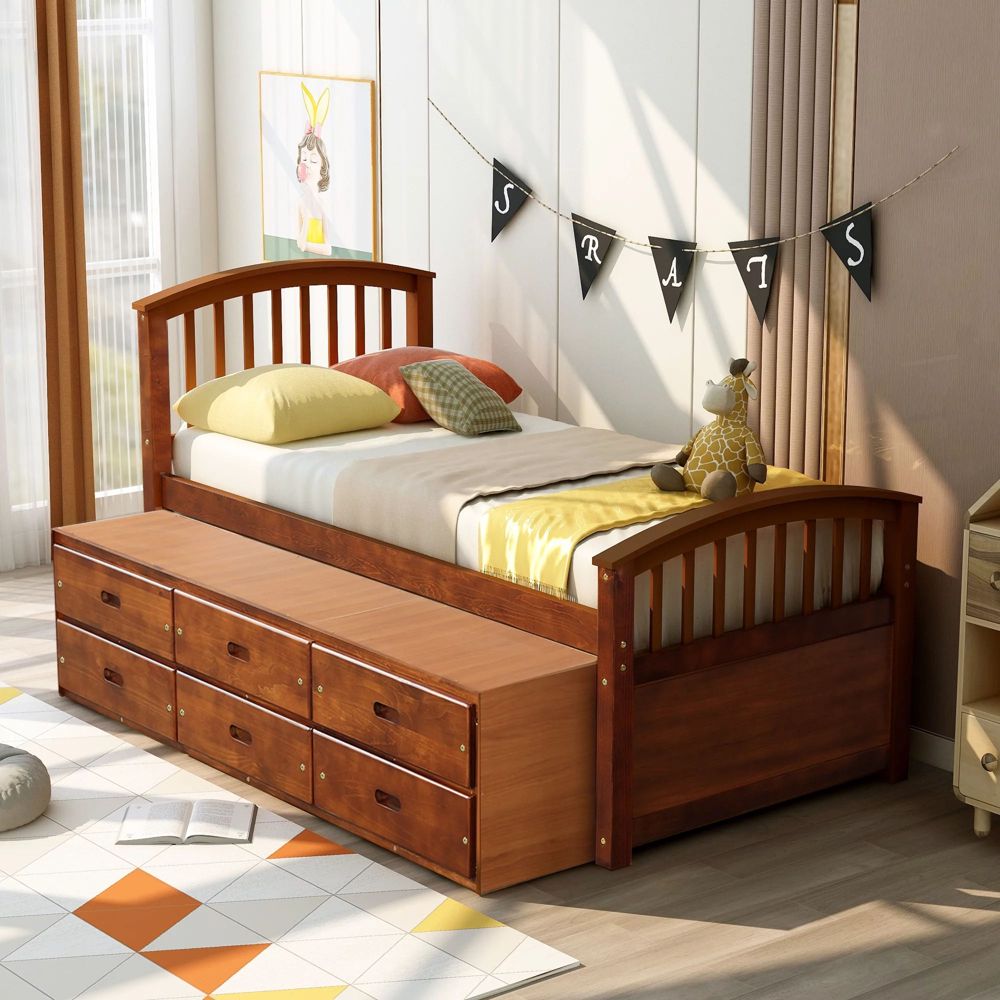 KAMIDA Twin Size Storage Bed Frame, Solid Wood Platform Bed Frame with 6 Storage Drawers, Captains Bed Bedroom Furniture, Walnut