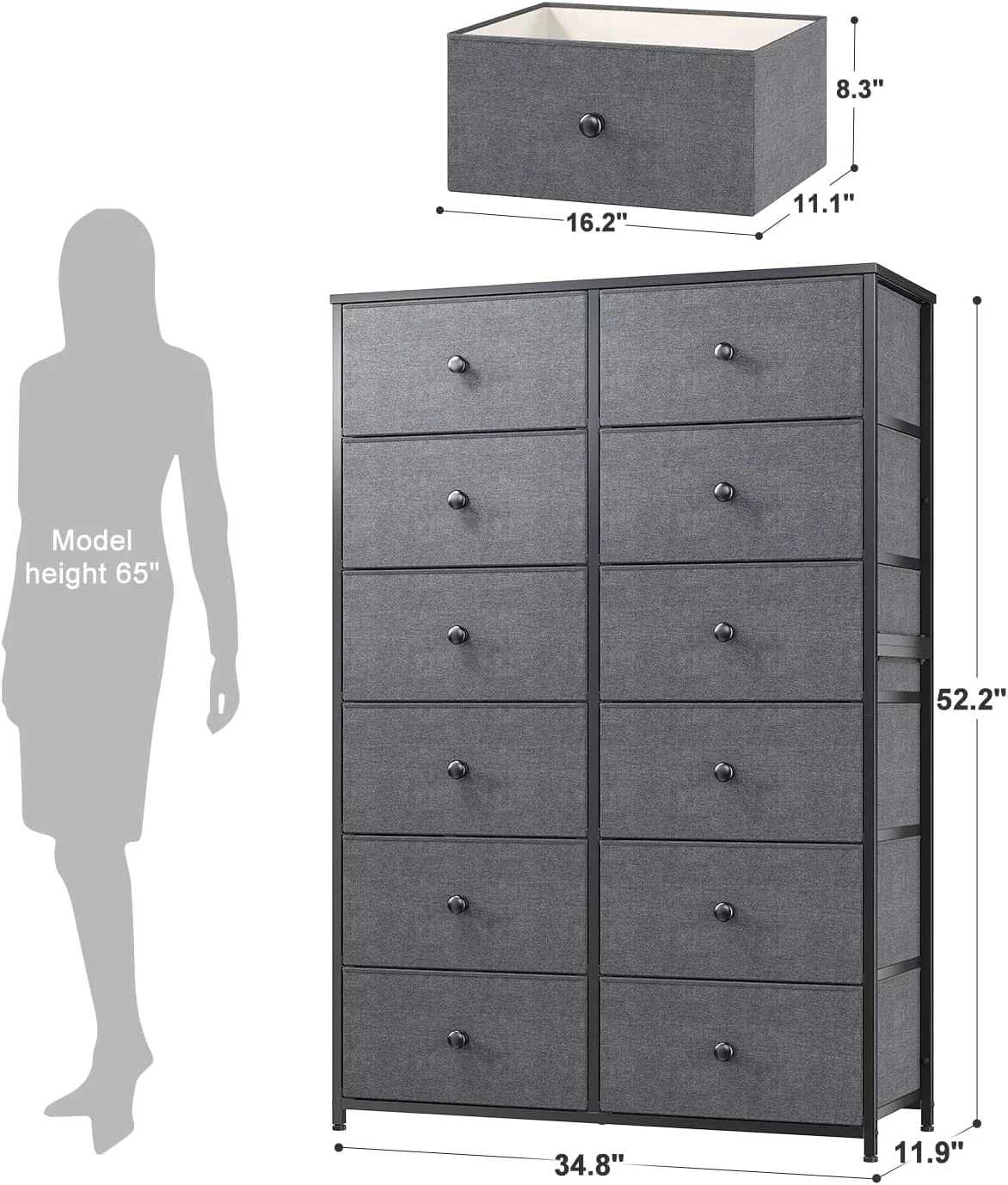 Popular Dresser for Bedroom with 12 Drawers  Tall Dressers for Bedroom with Wooden Top and Metal Frame  Dressers & Chest of Drawers for Bedroom  Closet  Living Room  Gray  11.9" D