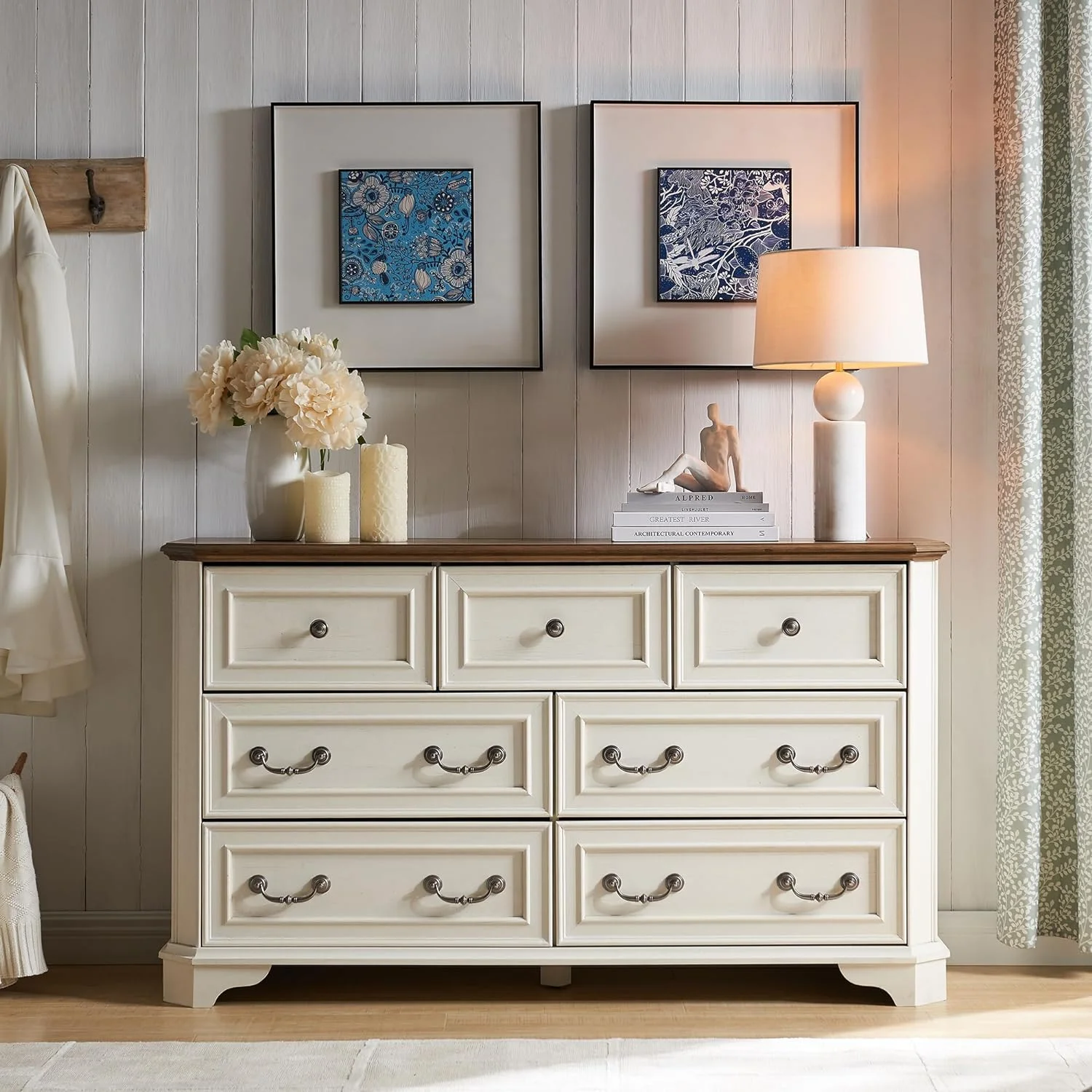 OKD Farmhouse 7 Drawers Dresser Chests for Bedroom, Wood Rustic Tall Chest of Drawers, for Living Room, Hallway,Antique White