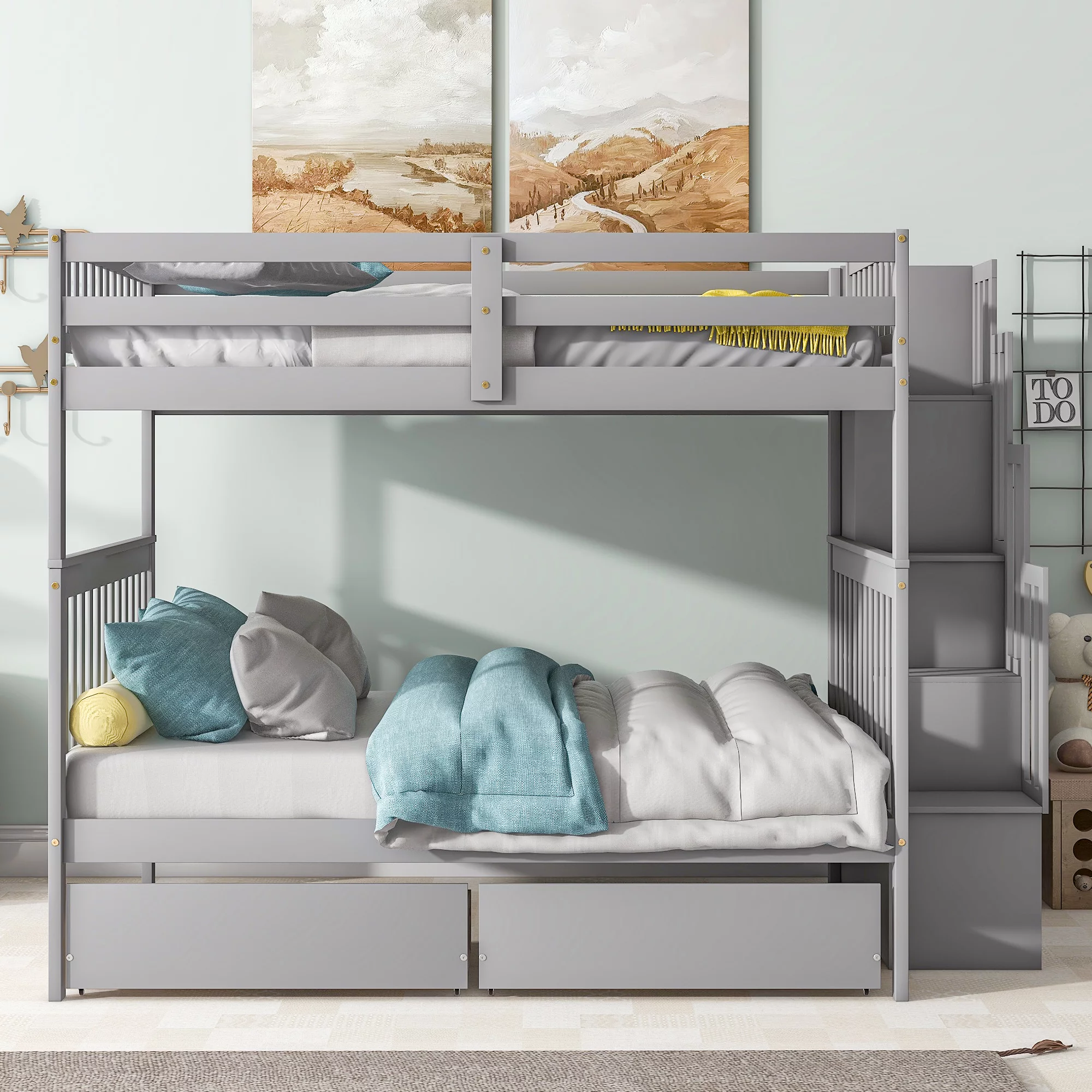 Twin over Full Bunk Beds with Stairs and Storage , Large Storage Twin Over Full Bunk Bed , Detachable Bunk Beds, Solid Wood Bunk Bed Frame with Guardrails/ Storage Shelves /Slatted Support ,Gray