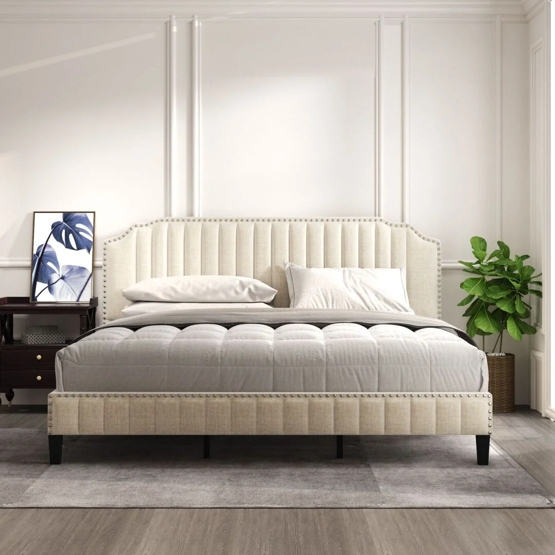 Modern Platform Bed Frame Wood Slat Vertical Stripe Headboard Sturdy Beige - Queen