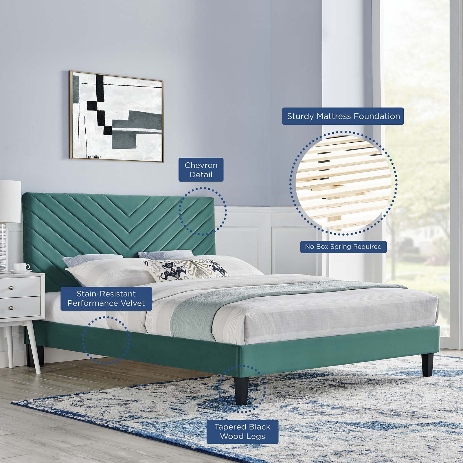 Platform Bed Frame, King Size, Teal Blue, Velvet, Modern Contemporary, Bedroom Master Guest Suite Room