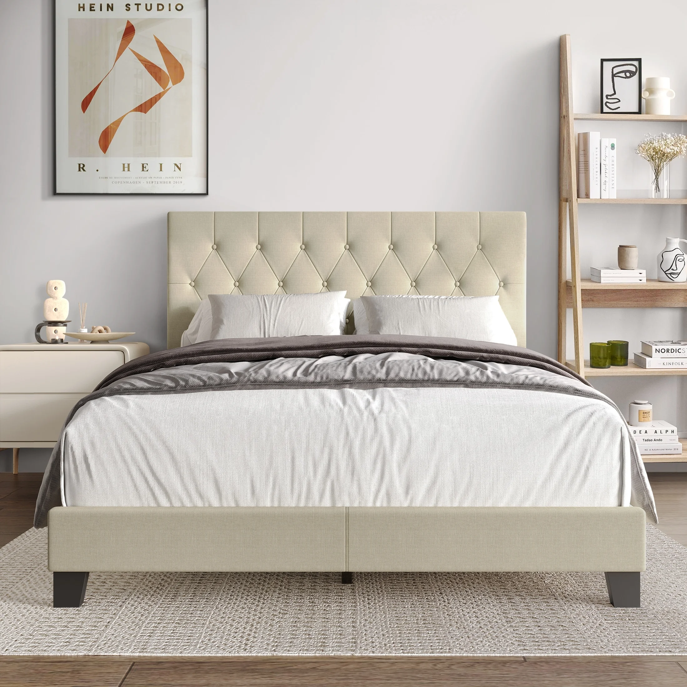 CraftPorch Simple Button Tufted Linen Upholstered Bed Beige - Twin