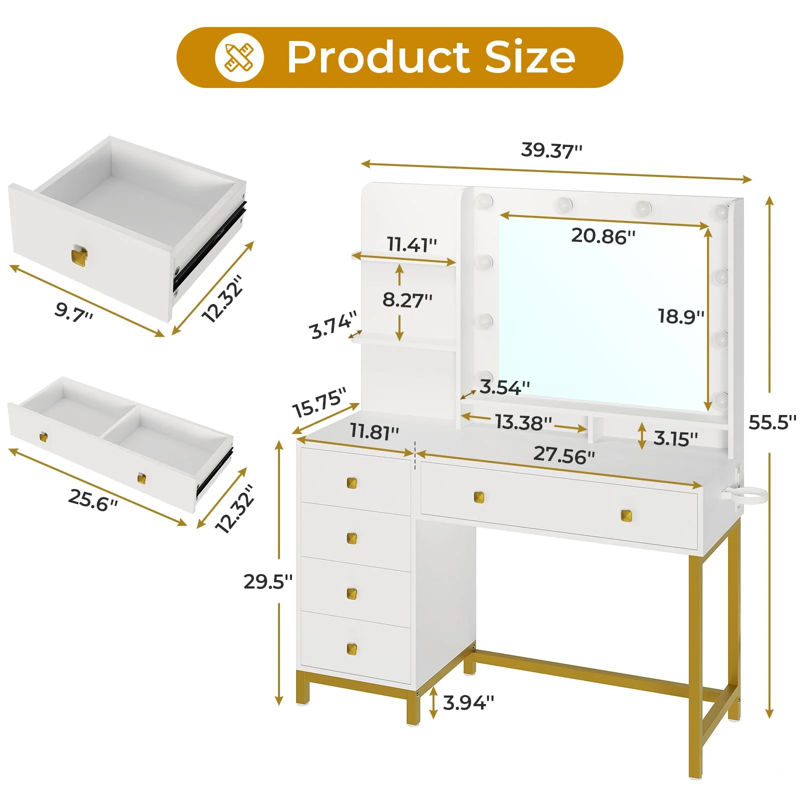 Afuhokles Vanity Desk with Lighted Mirror and Charging Station, 5 Drawers, 3 Tiers Storage Shelves, Makeup Table for Bedroom, White