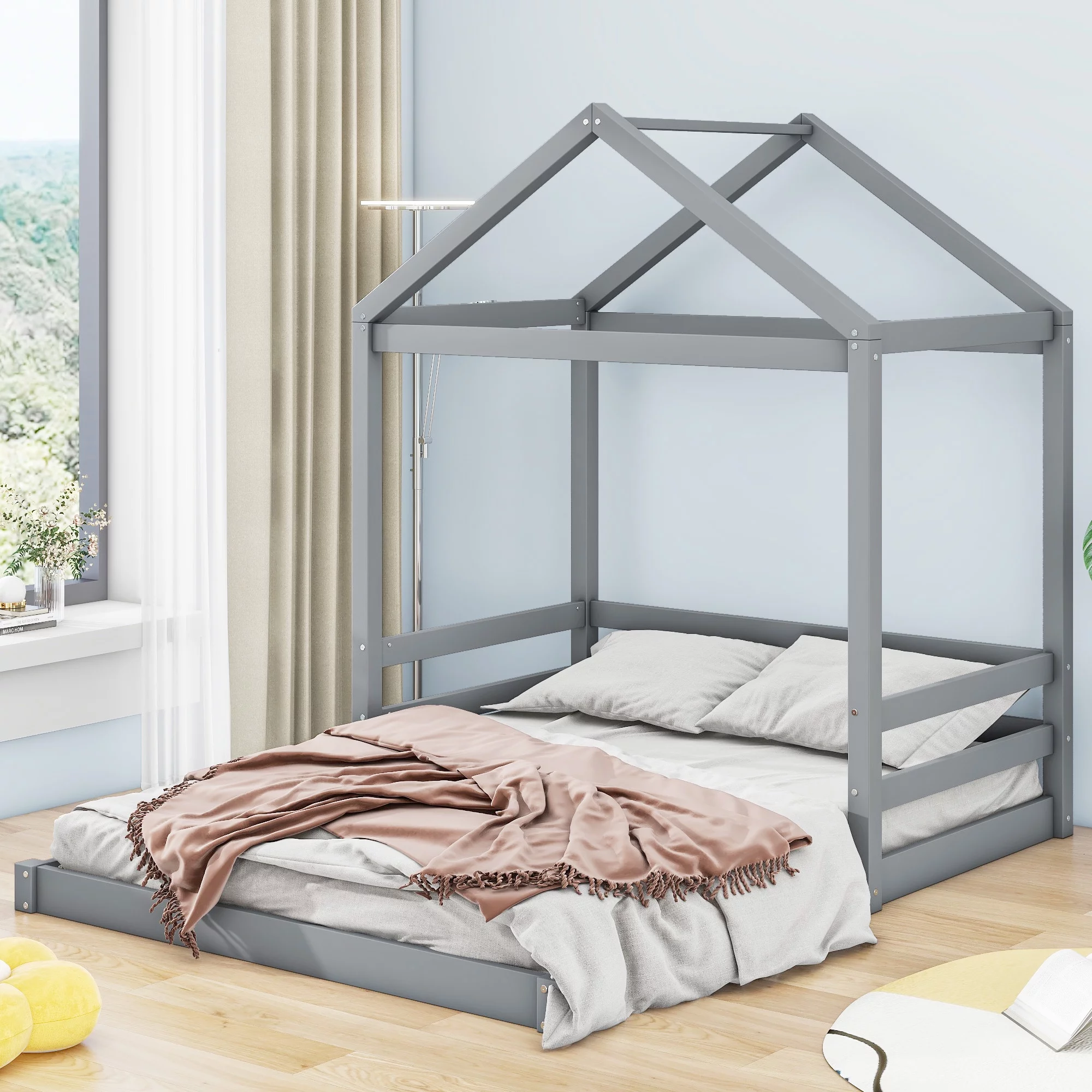 Churanty Kids Full Size House Bed with Guardrail,Wooden House-Shaped Floor Bed Frame with Roof for Teens Bedroom,Grey