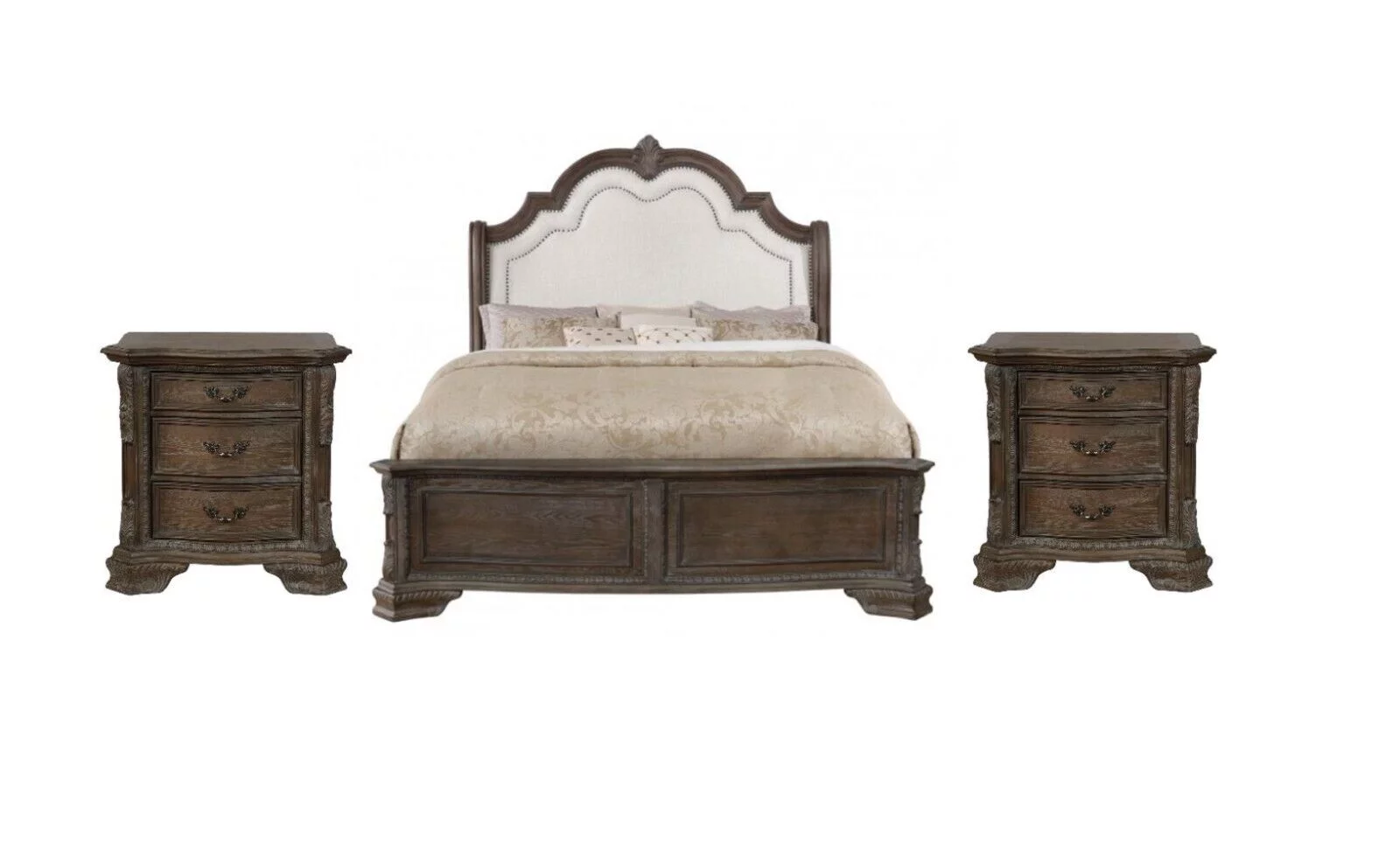 Classic Vintage Style 3Pc King Size Panel Bed Nightstands Set Antique Gray Finish Bedroom Furniture Solid Wood