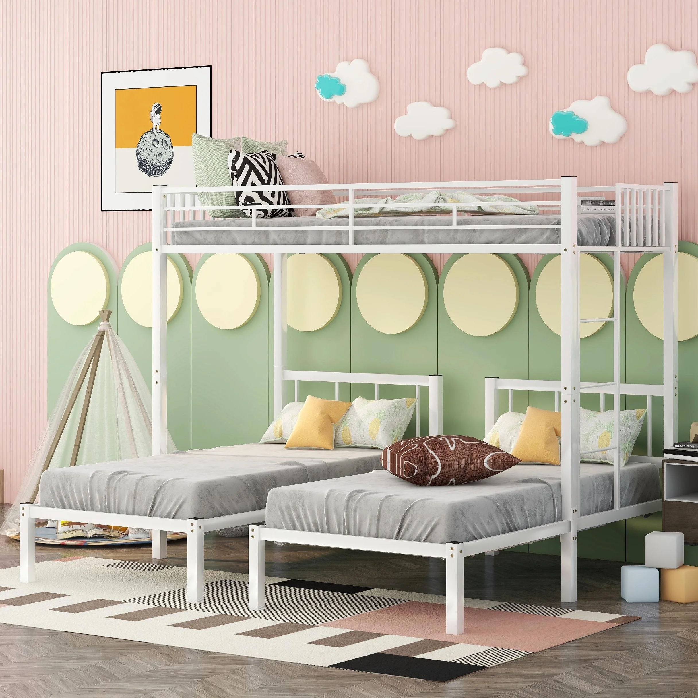 Triple Bunk Beds, Metal Twin XL over Twin & Twin Bunk Bed for 3, Kids Triple Bunk Can be Separated into 3 Beds (White)